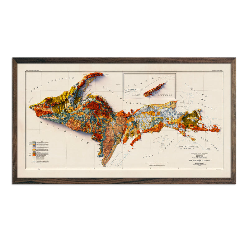 Michigan, Upper Peninsula 1911 Shaded Relief Map - Muir Way - Vintage Relief