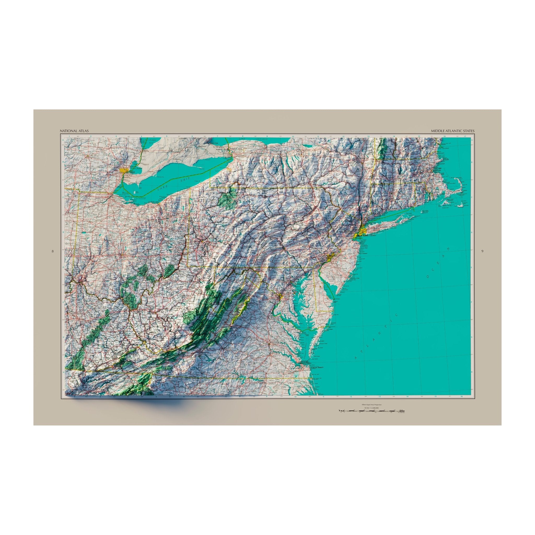 Middle Atlantic States 1970 Shaded Relief Map - Muir Way - Vintage Relief