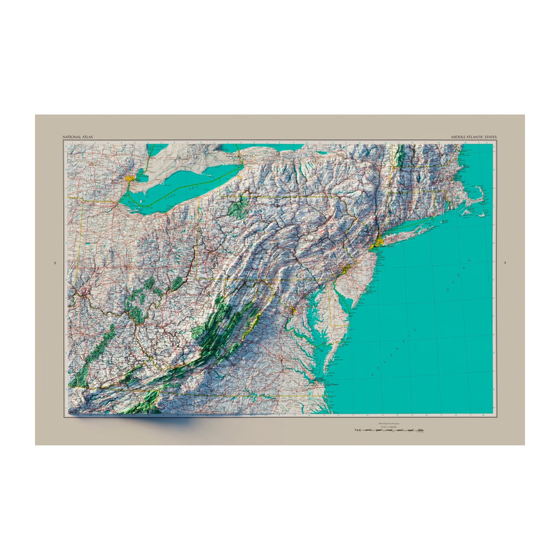 Middle Atlantic States 1970 Shaded Relief Map - Muir Way - Vintage Relief