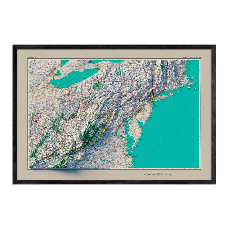 Middle Atlantic States 1970 Shaded Relief Map - Muir Way - Vintage Relief