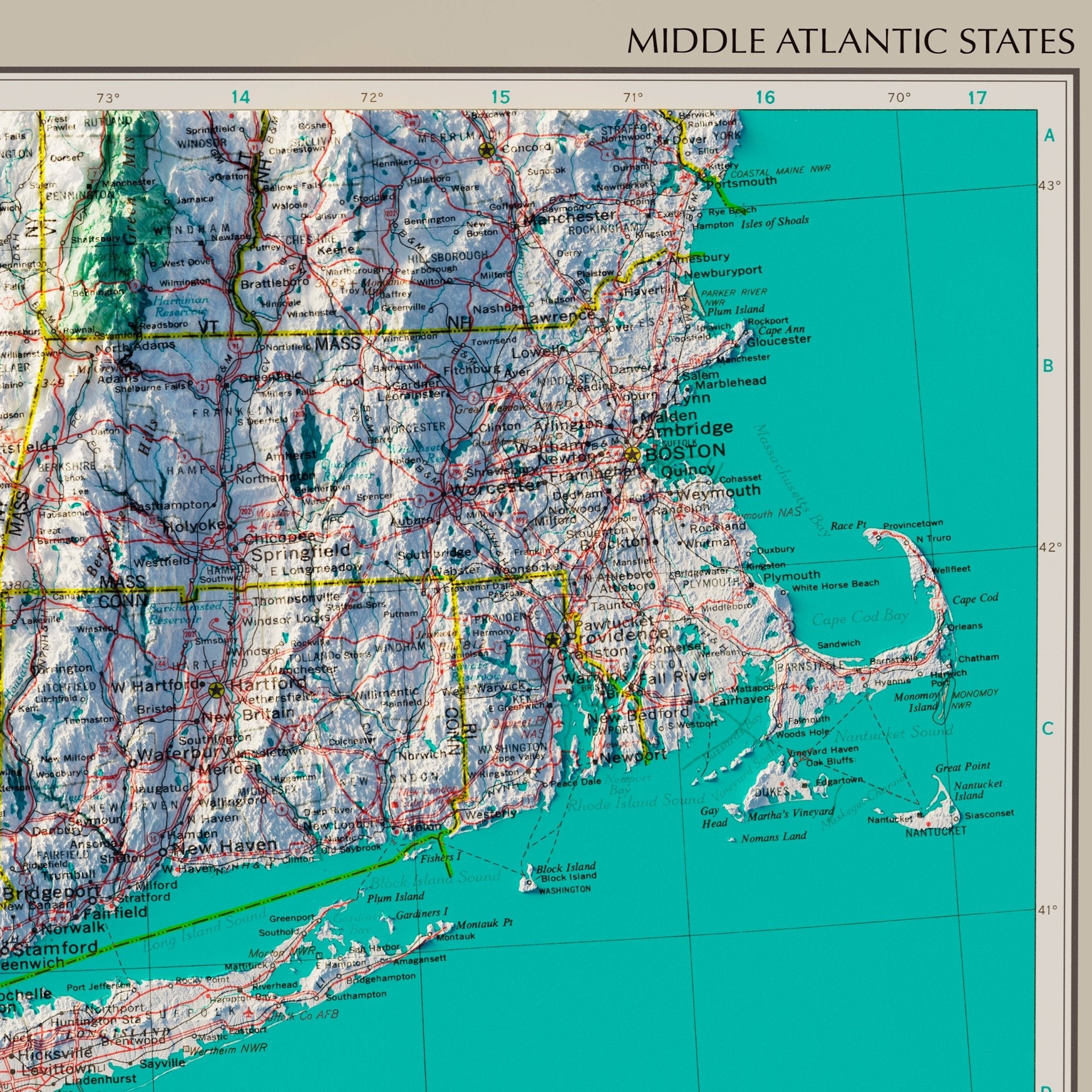 Middle Atlantic States 1970 Shaded Relief Map - Muir Way - Vintage Relief