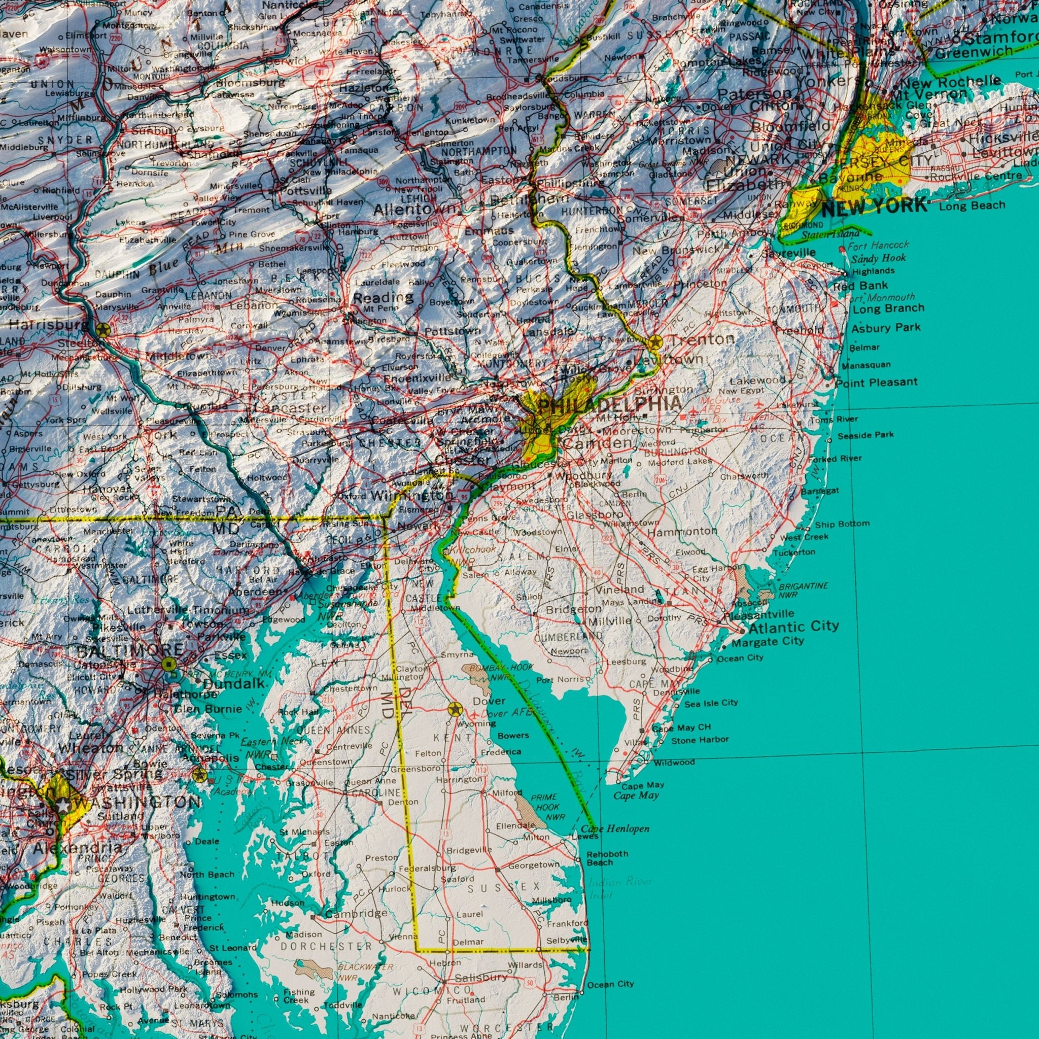 Middle Atlantic States 1970 Shaded Relief Map - Muir Way - Vintage Relief