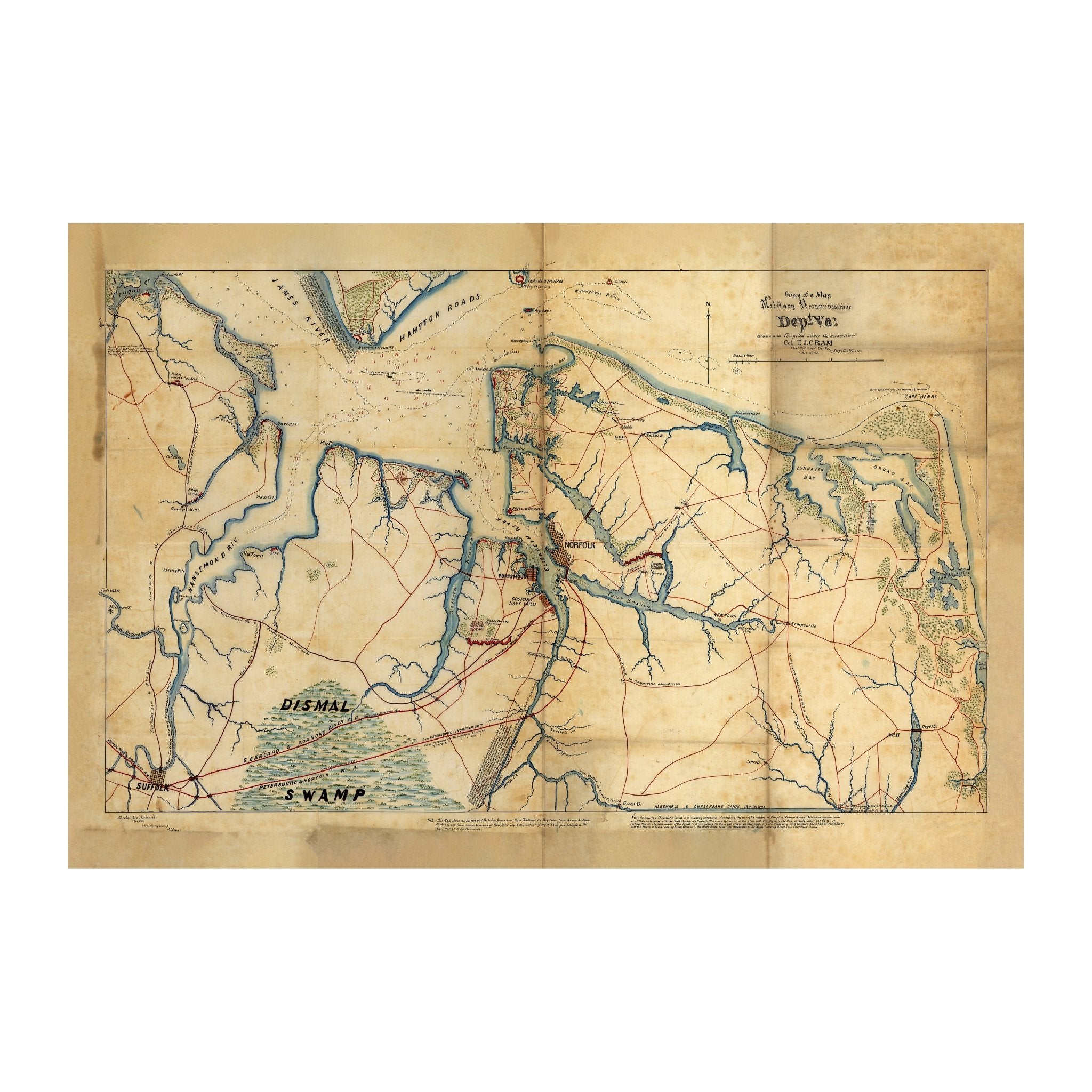 Military Map of Hampton Roads and Norfolk regions - Muir Way - Vintage Map