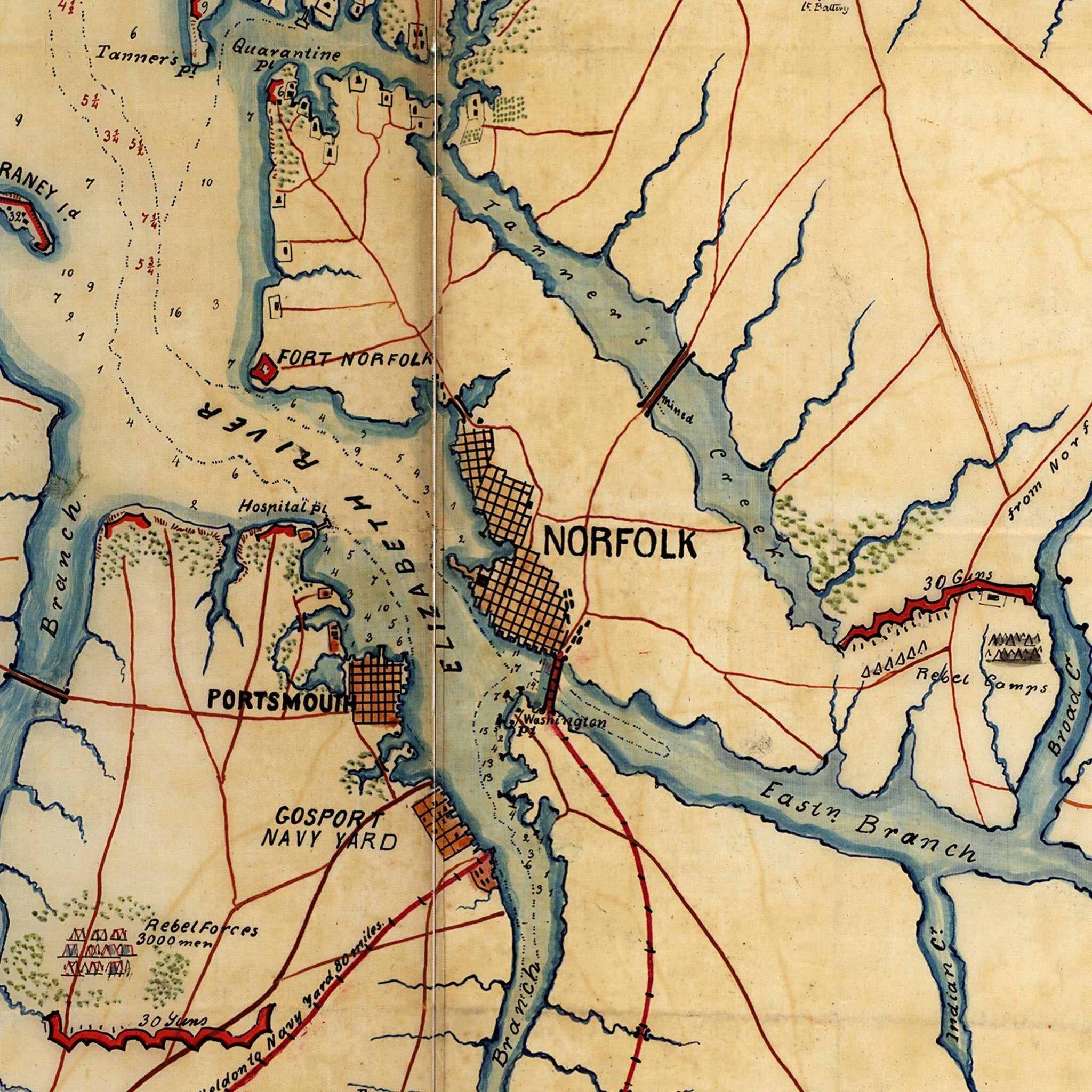 Military Map of Hampton Roads and Norfolk regions - Muir Way - Vintage Map