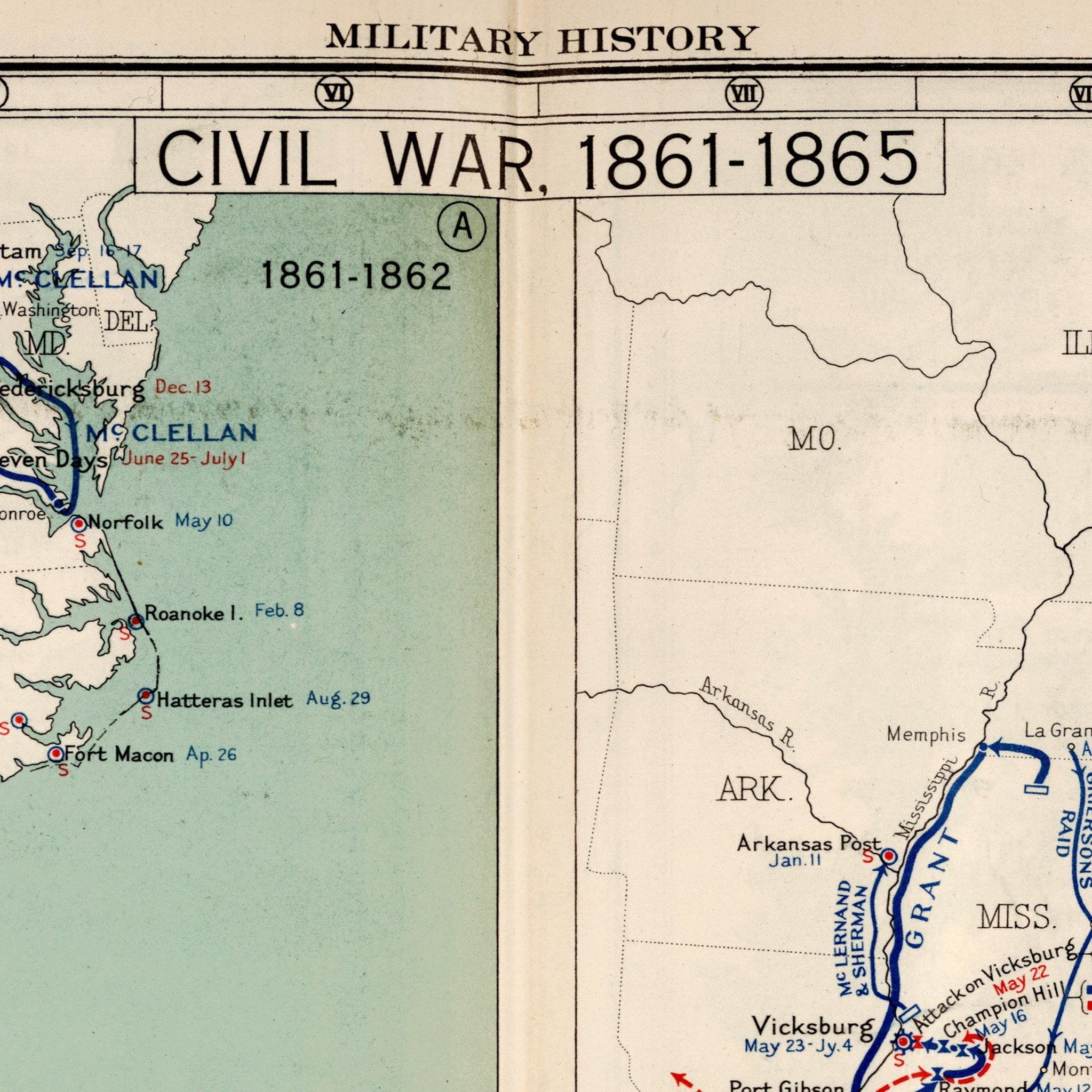 Military History of the Civil War 1861 - 1865 - Muir Way - Vintage Map