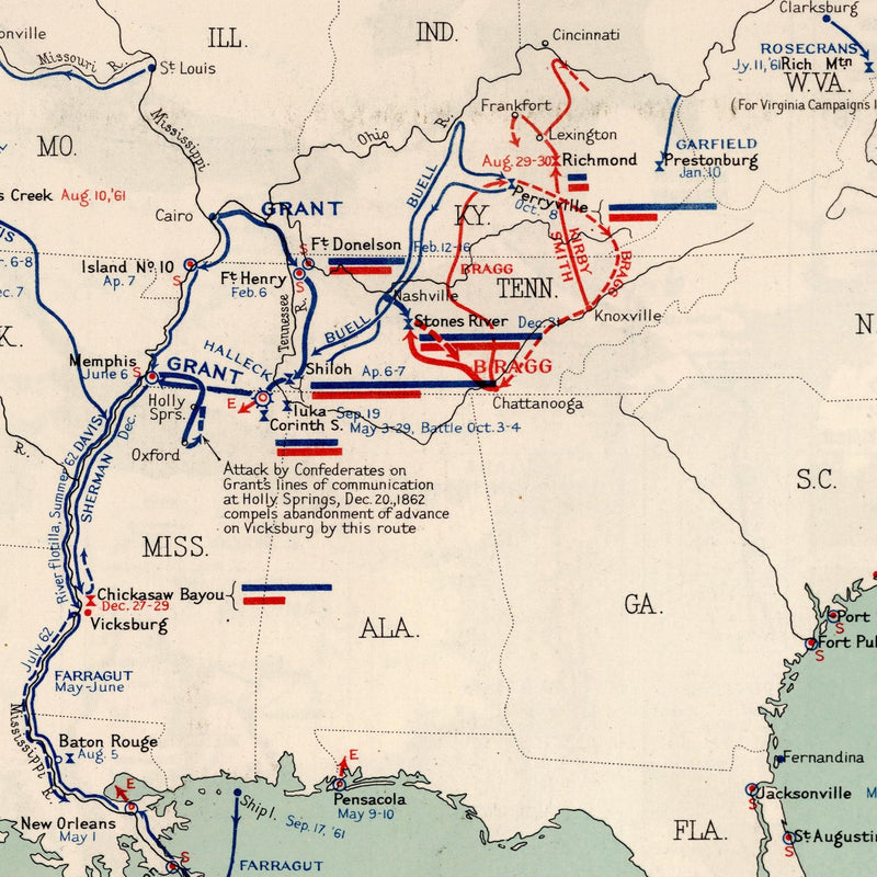 Military History of the Civil War 1861 - 1865 - Muir Way - Vintage Map
