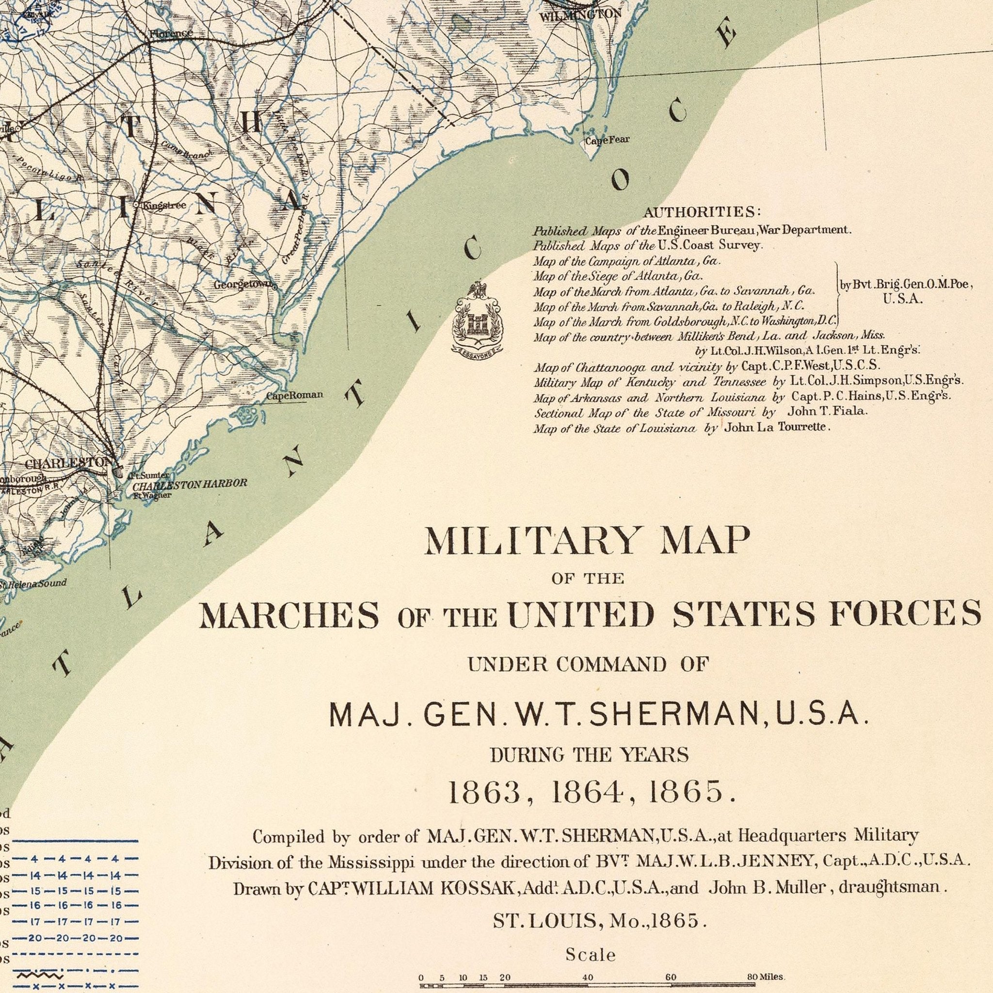 Military Map of Marches by W.T. Sherman - Muir Way - Vintage Map