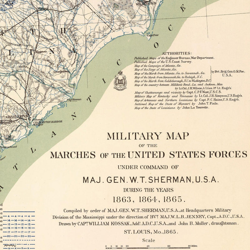 Military Map of Marches by W.T. Sherman - Muir Way - Vintage Map