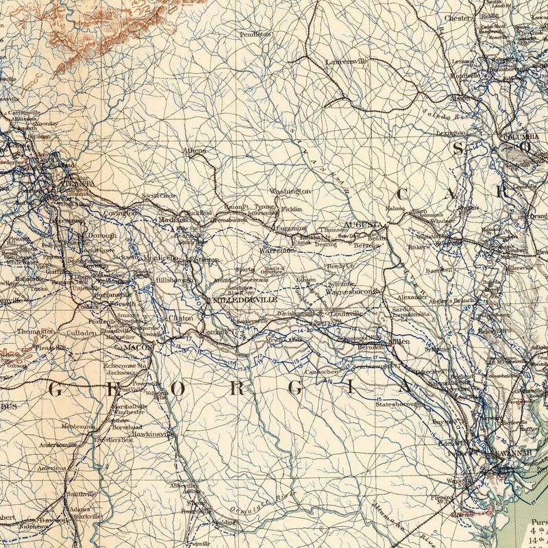Military Map of Marches by W.T. Sherman - Muir Way - Vintage Map