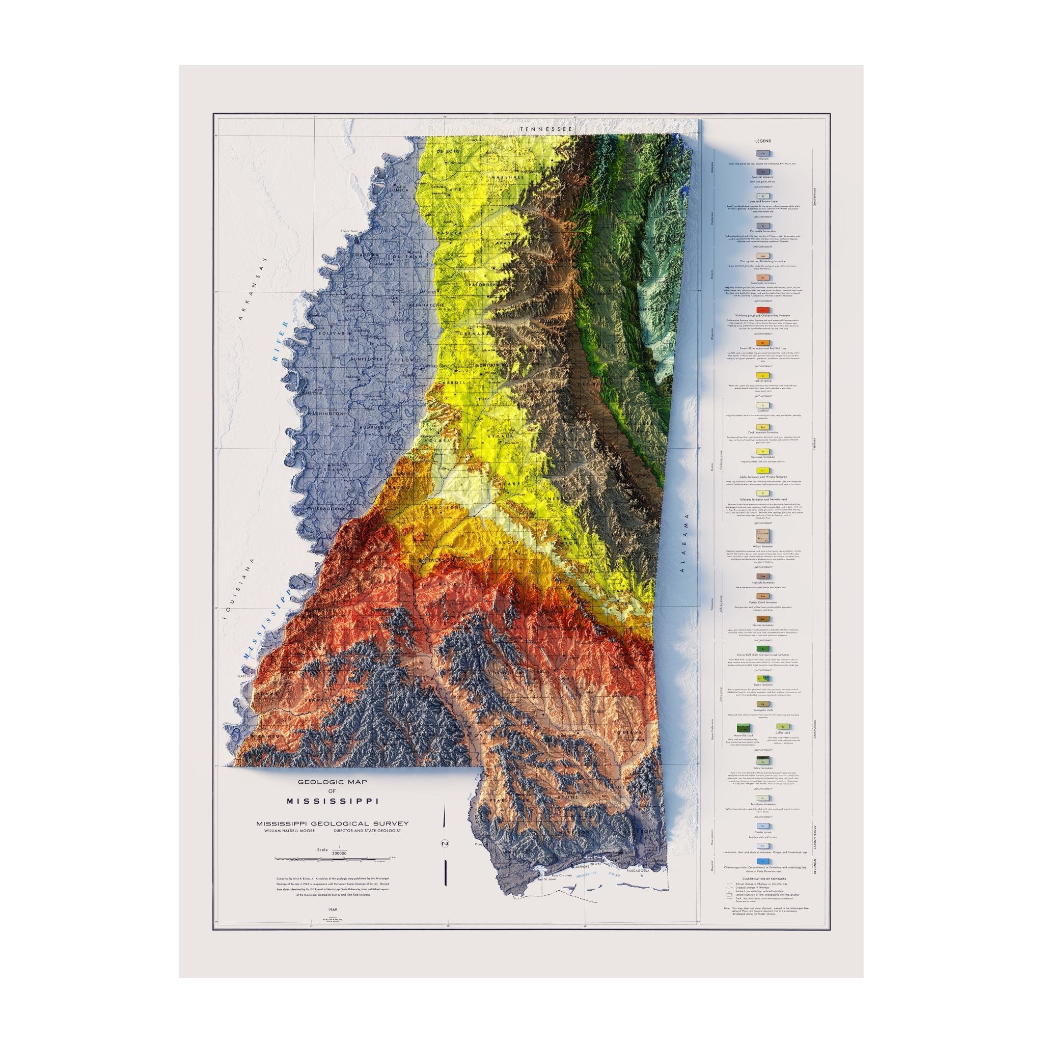 Mississippi 1969 Shaded Relief Map - Muir Way - Vintage Relief
