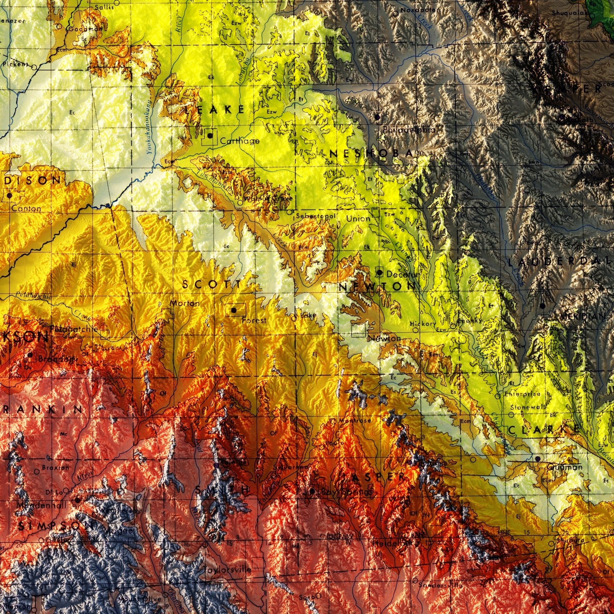 Mississippi 1969 Shaded Relief Map - Muir Way - Vintage Relief