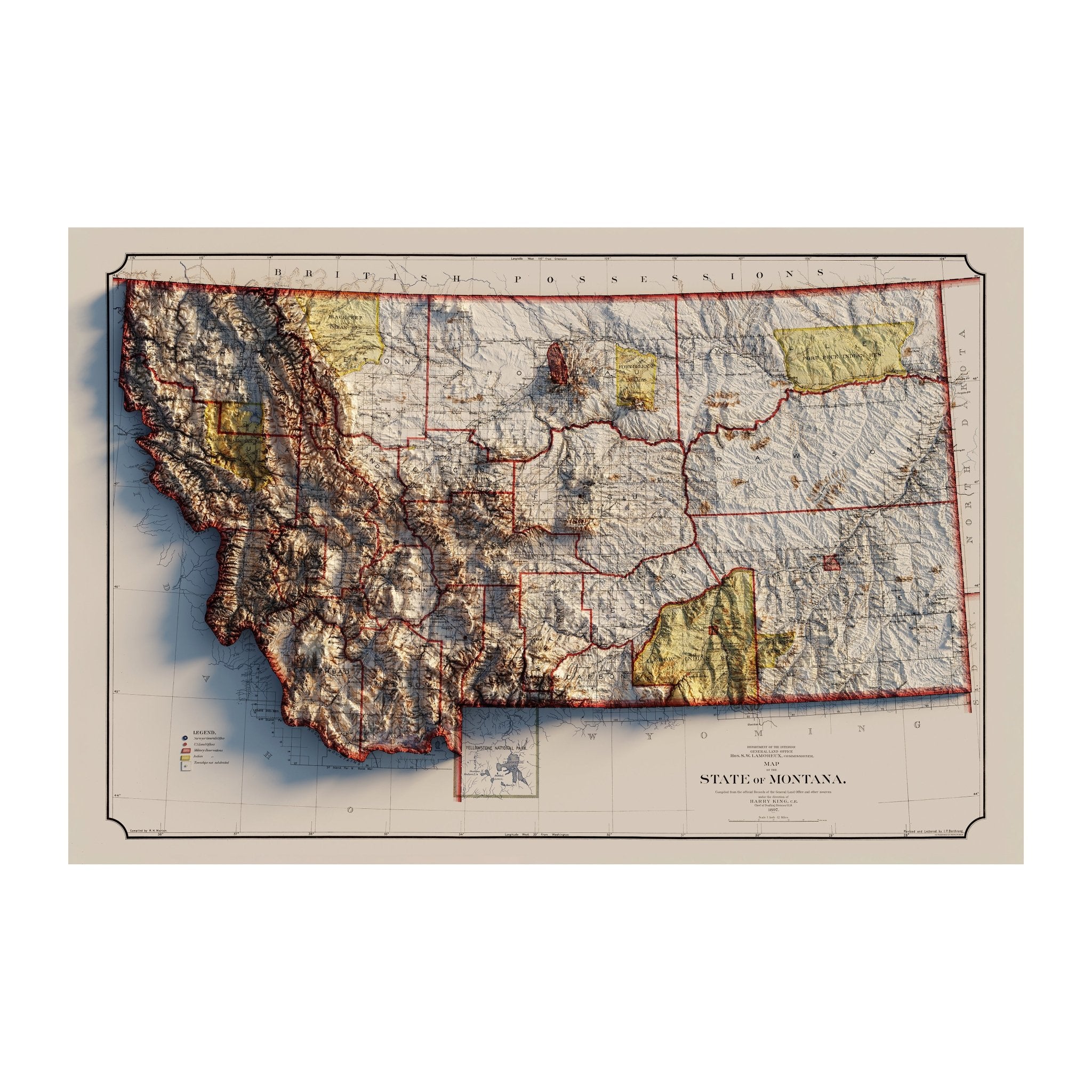 Montana 1897 Shaded Relief Map - Muir Way - Vintage Relief