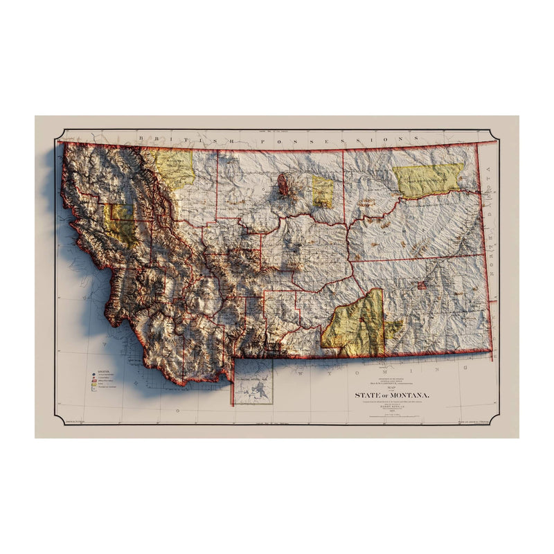 Montana 1897 Shaded Relief Map - Muir Way - Vintage Relief