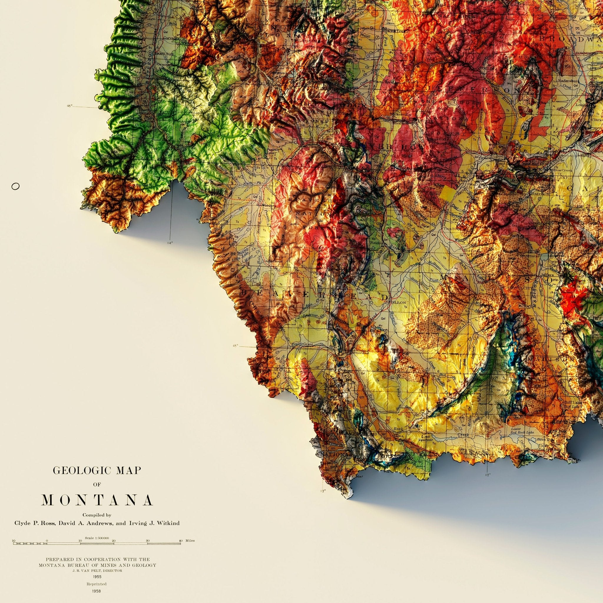 Montana 1955 Shaded Relief Map - Muir Way - Vintage Relief