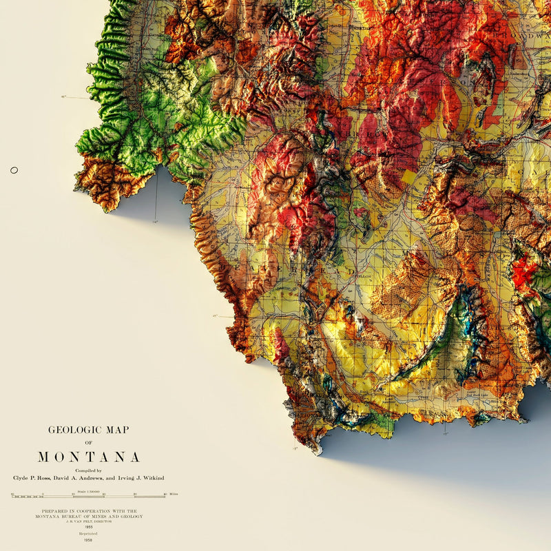 Montana 1955 Shaded Relief Map - Muir Way - Vintage Relief