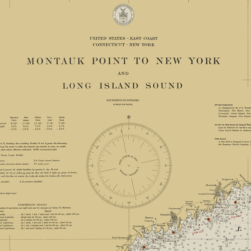 Montauk Point to New York and Long Island Sound Nautical Chart 1934 - Muir Way - Vintage Map