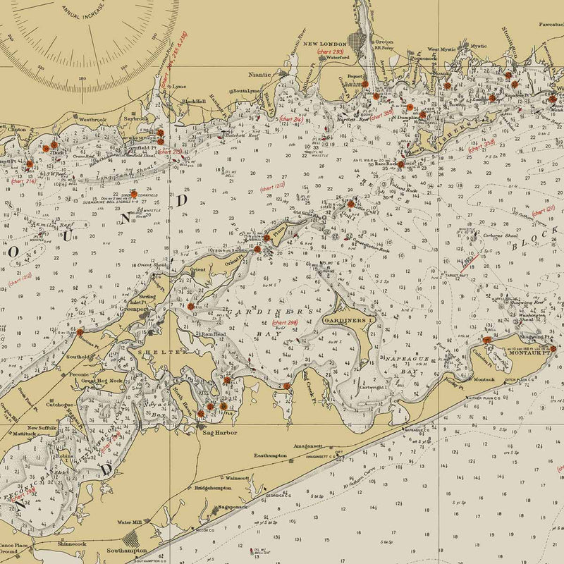 Montauk Point to New York and Long Island Sound Nautical Chart 1934 - Muir Way - Vintage Map