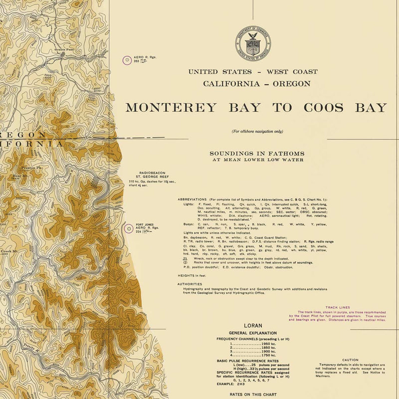 Monterey Bay to Coos Bay Nautical Chart 1948 - Muir Way - Vintage Map