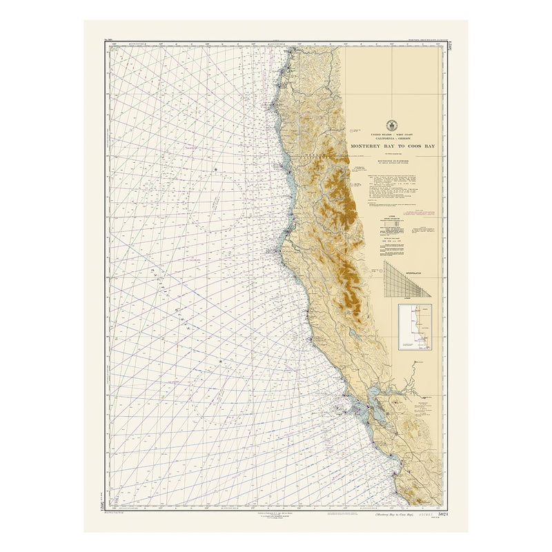 Monterey Bay to Coos Bay Nautical Chart 1948 - Muir Way - Vintage Map