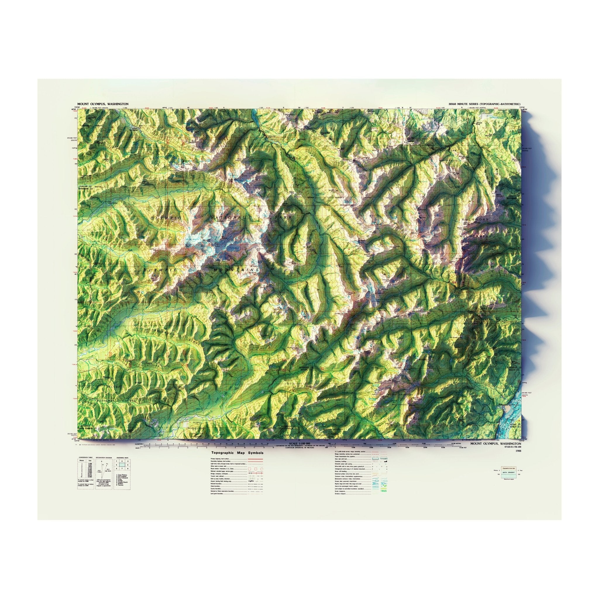 Mount Olympus, WA 1988 Shaded Relief Map - Muir Way - Vintage Relief