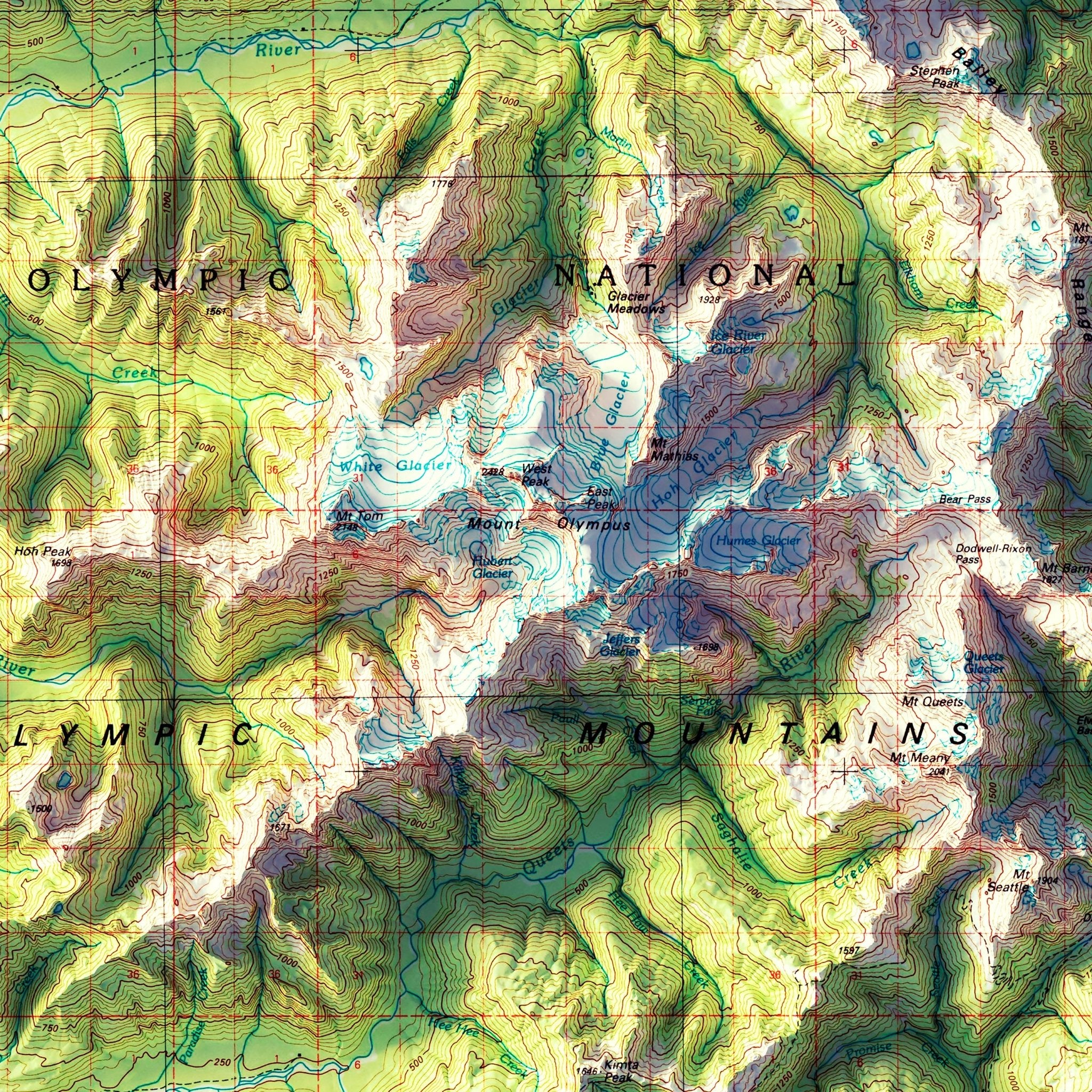 Mount Olympus, WA 1988 Shaded Relief Map - Muir Way - Vintage Relief