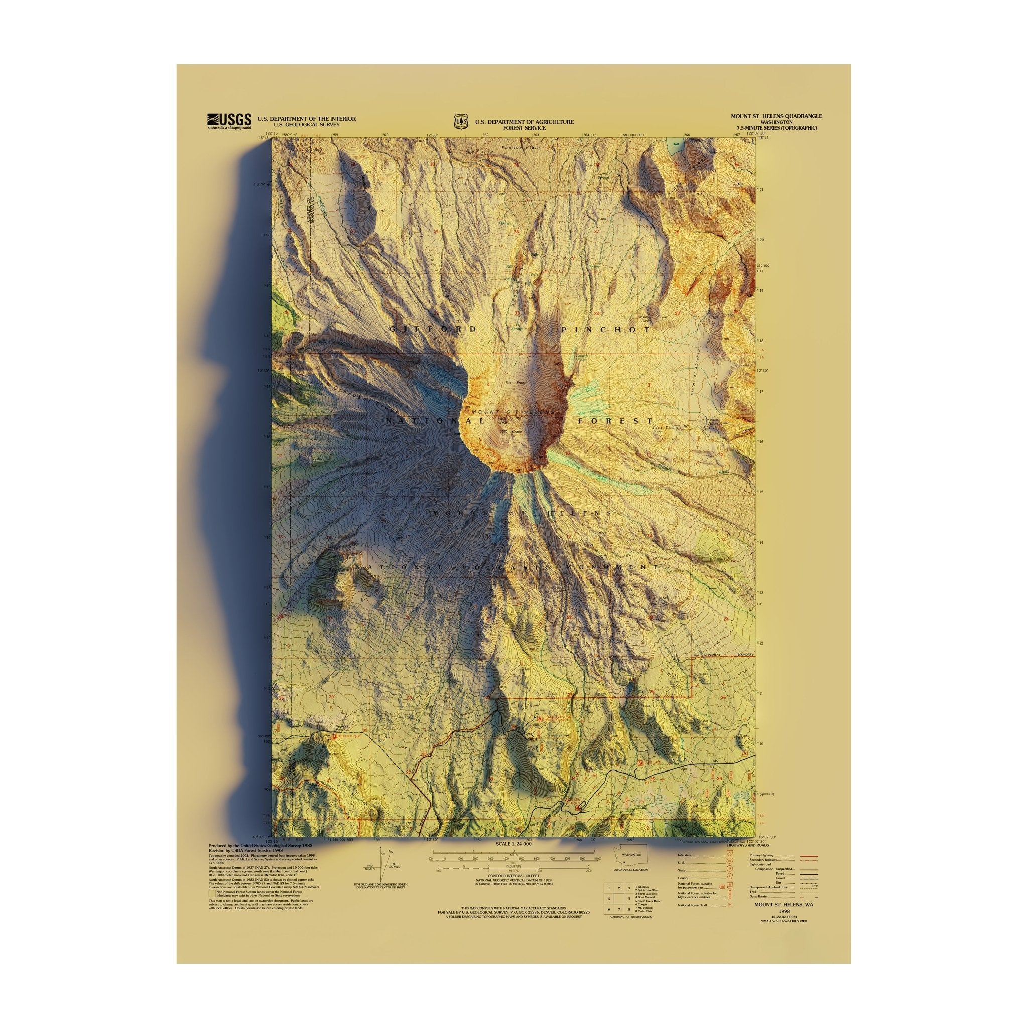 Mount St. Helens, WA 1998 Shaded Relief Map - Muir Way - Vintage Relief