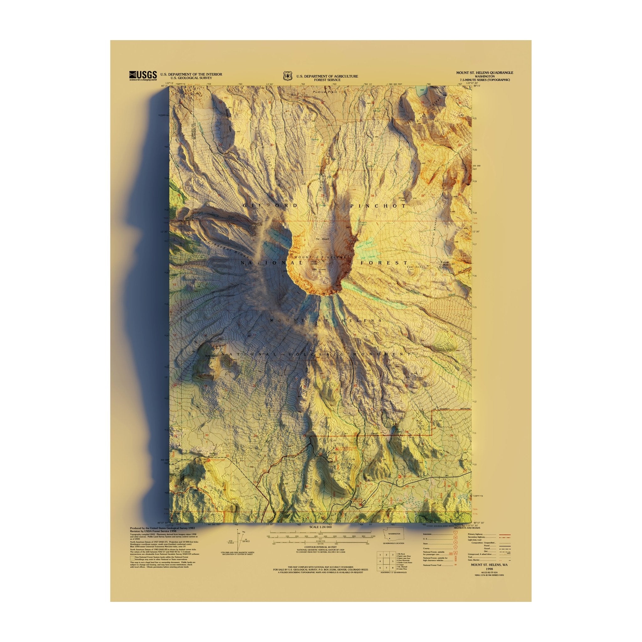 Mount St. Helens, WA 1998 Shaded Relief Map - Muir Way - Vintage Relief