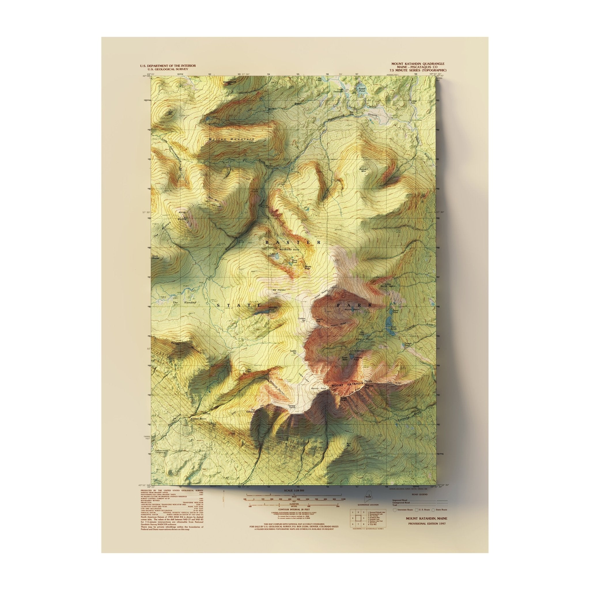 Mt. Katahdin, Maine 1997 Shaded Relief Map - Muir Way - Vintage Relief