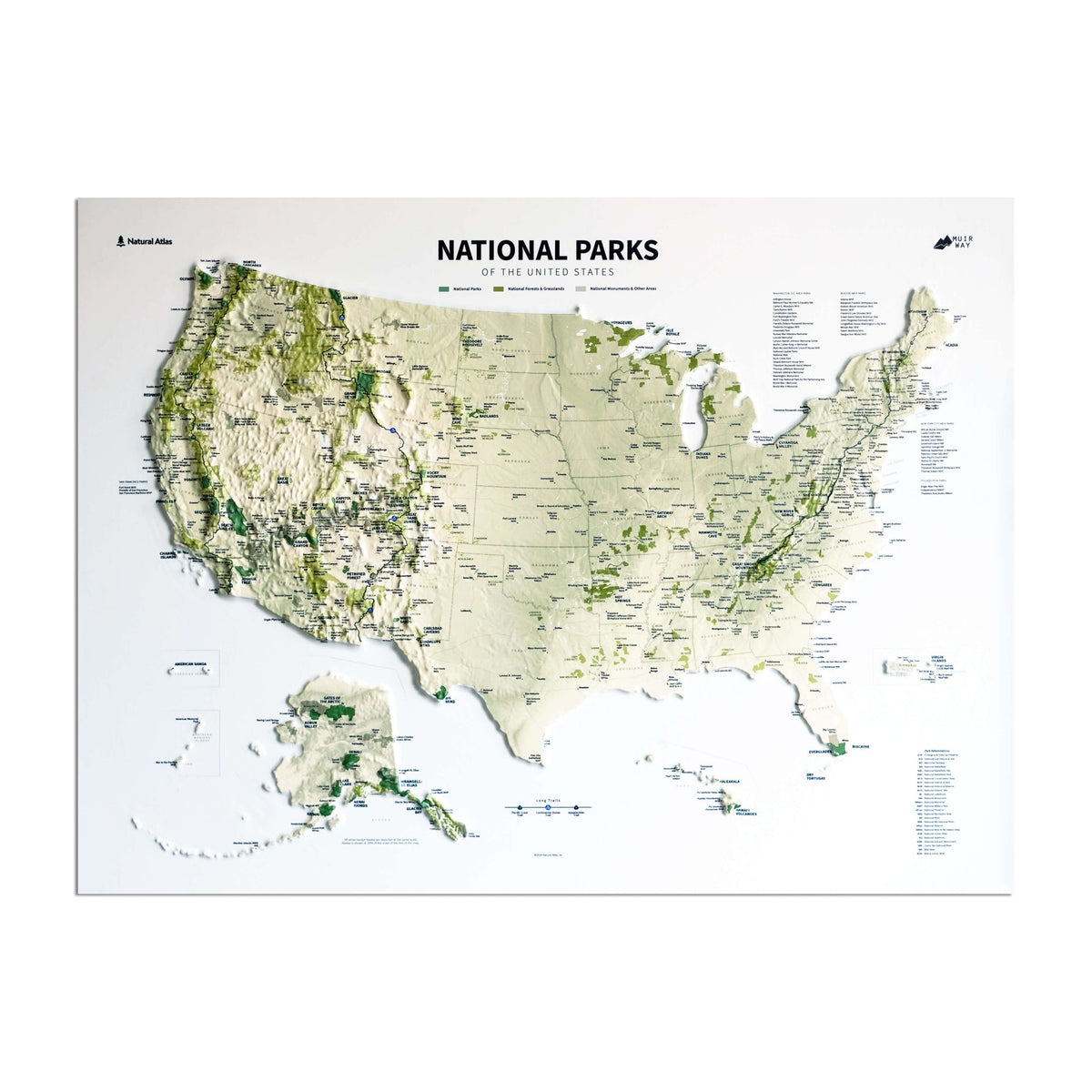 USA National Parks Map in 3D Raised Relief | Muir Way