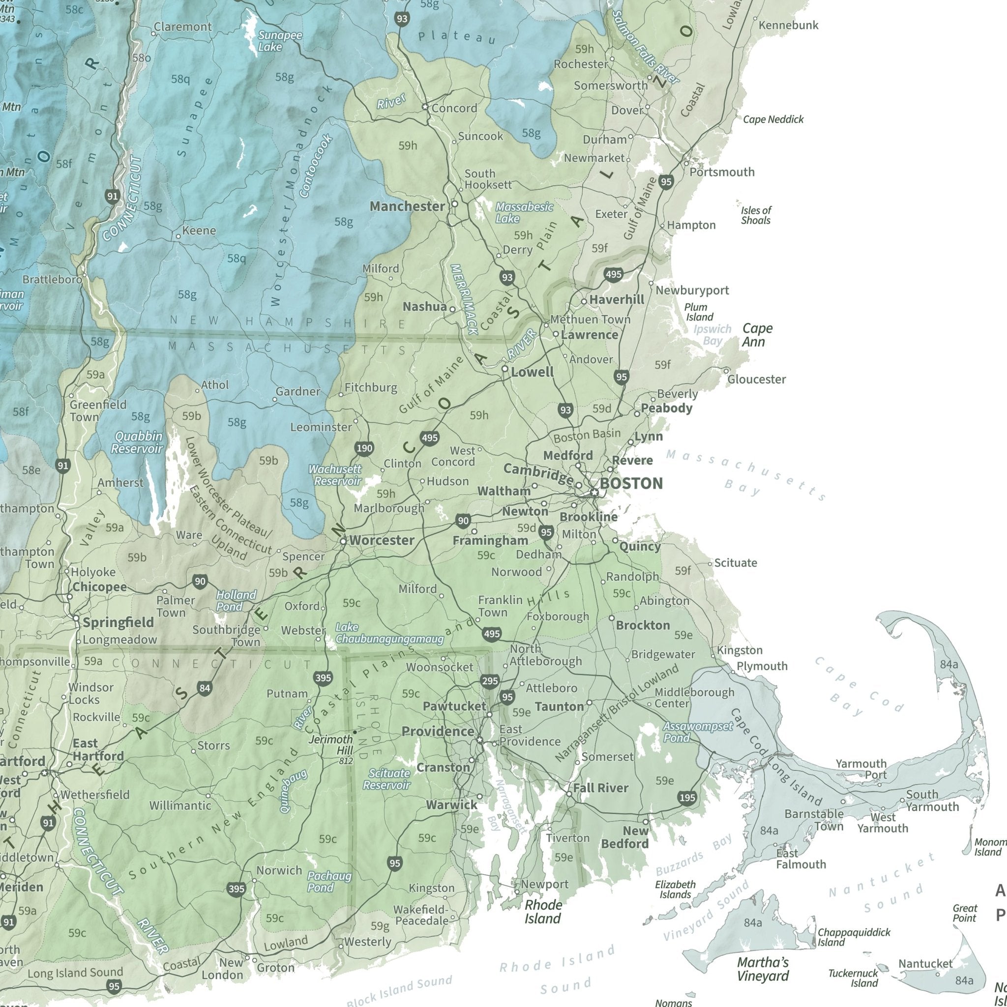 New England Ecoregions Shaded Relief Map - Muir Way - Natural Atlas