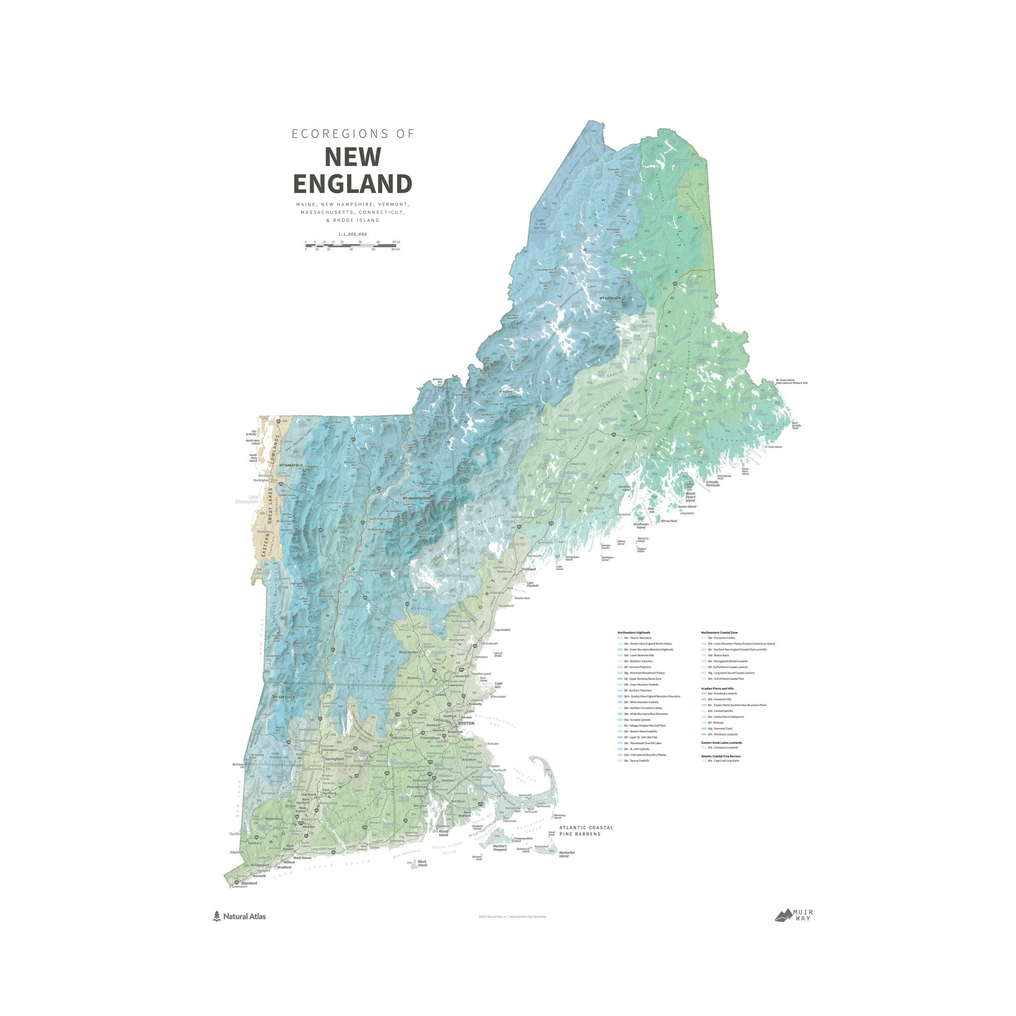 New England Ecoregions Shaded Relief Map - Muir Way - Natural Atlas