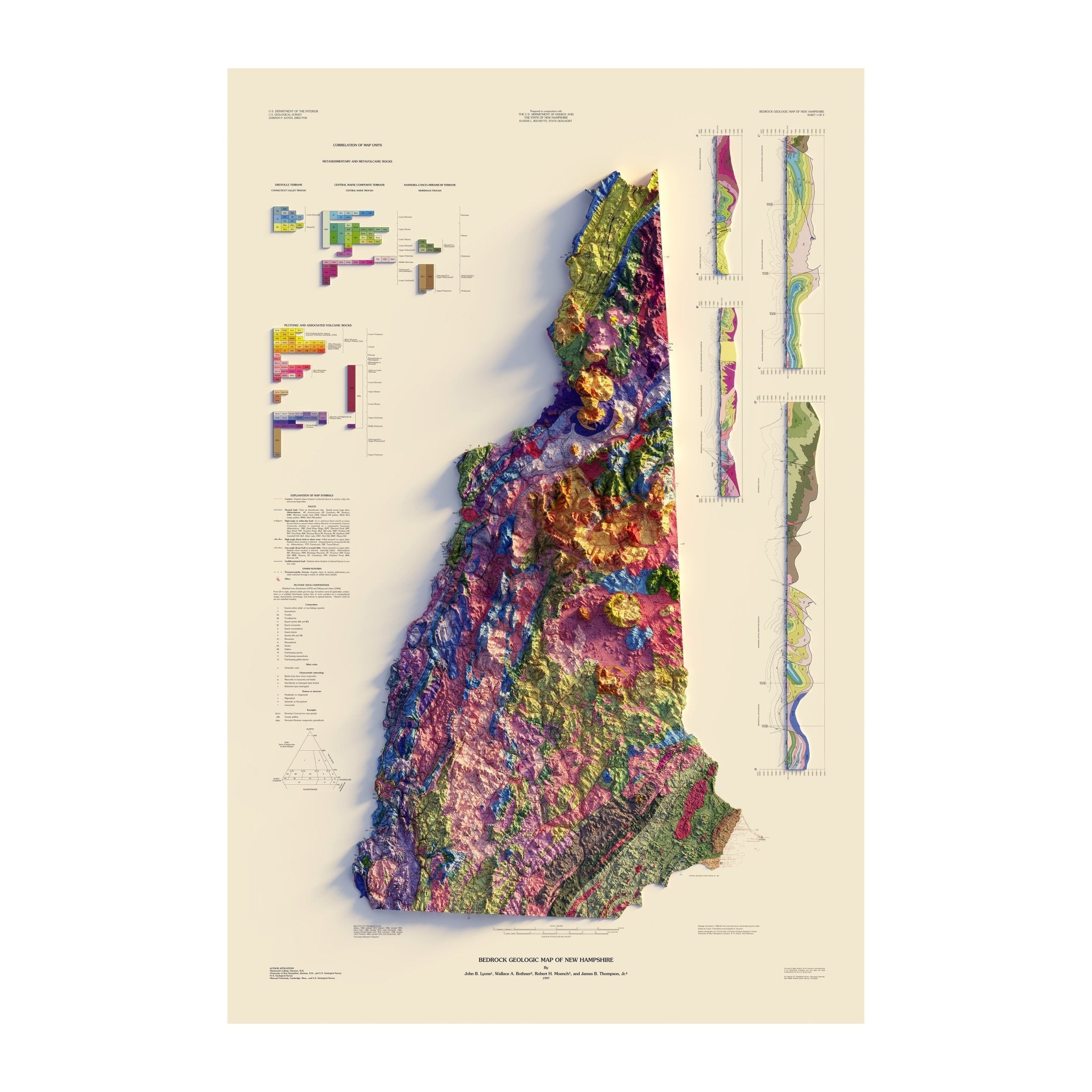 New Hampshire 1997 Shaded Relief Map - Muir Way - Vintage Relief