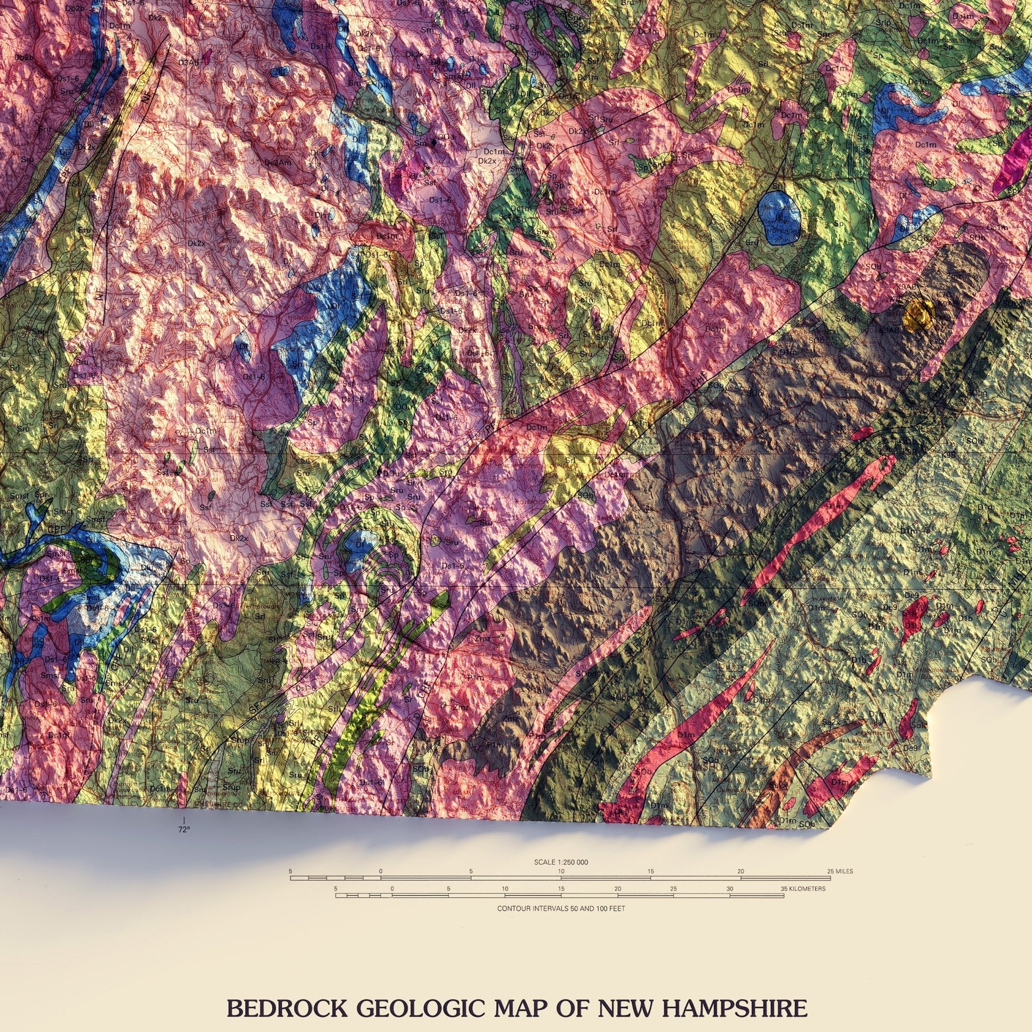 New Hampshire 1997 Shaded Relief Map - Muir Way - Vintage Relief