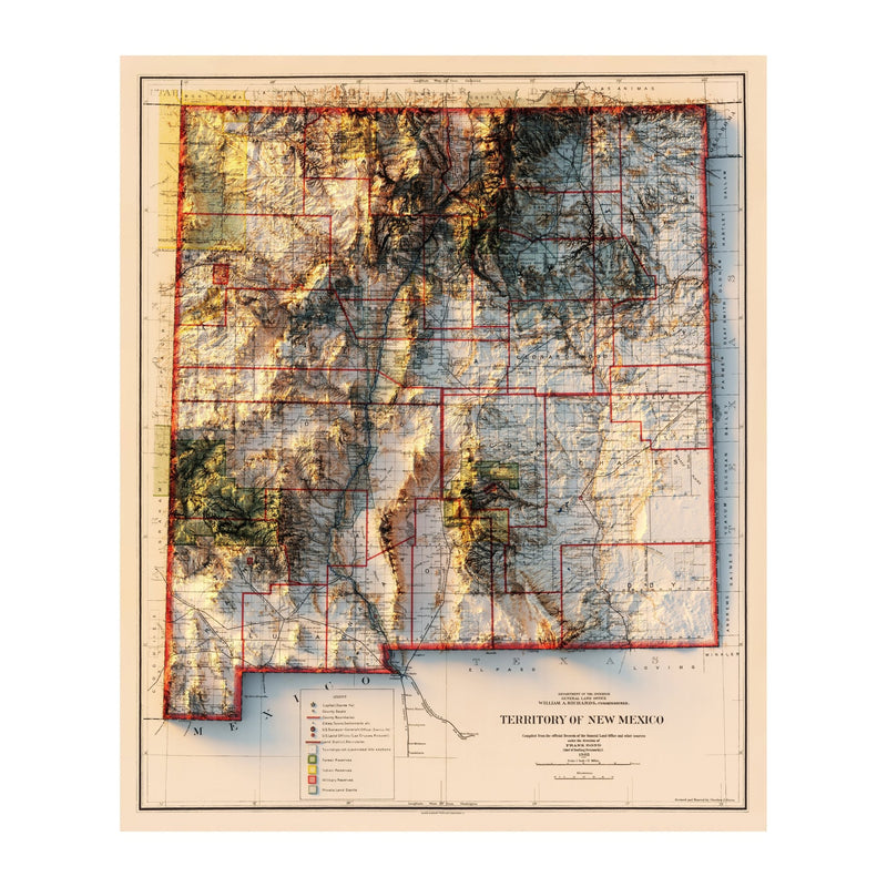 New Mexico 1903 Shaded Relief Map - Muir Way - Vintage Relief