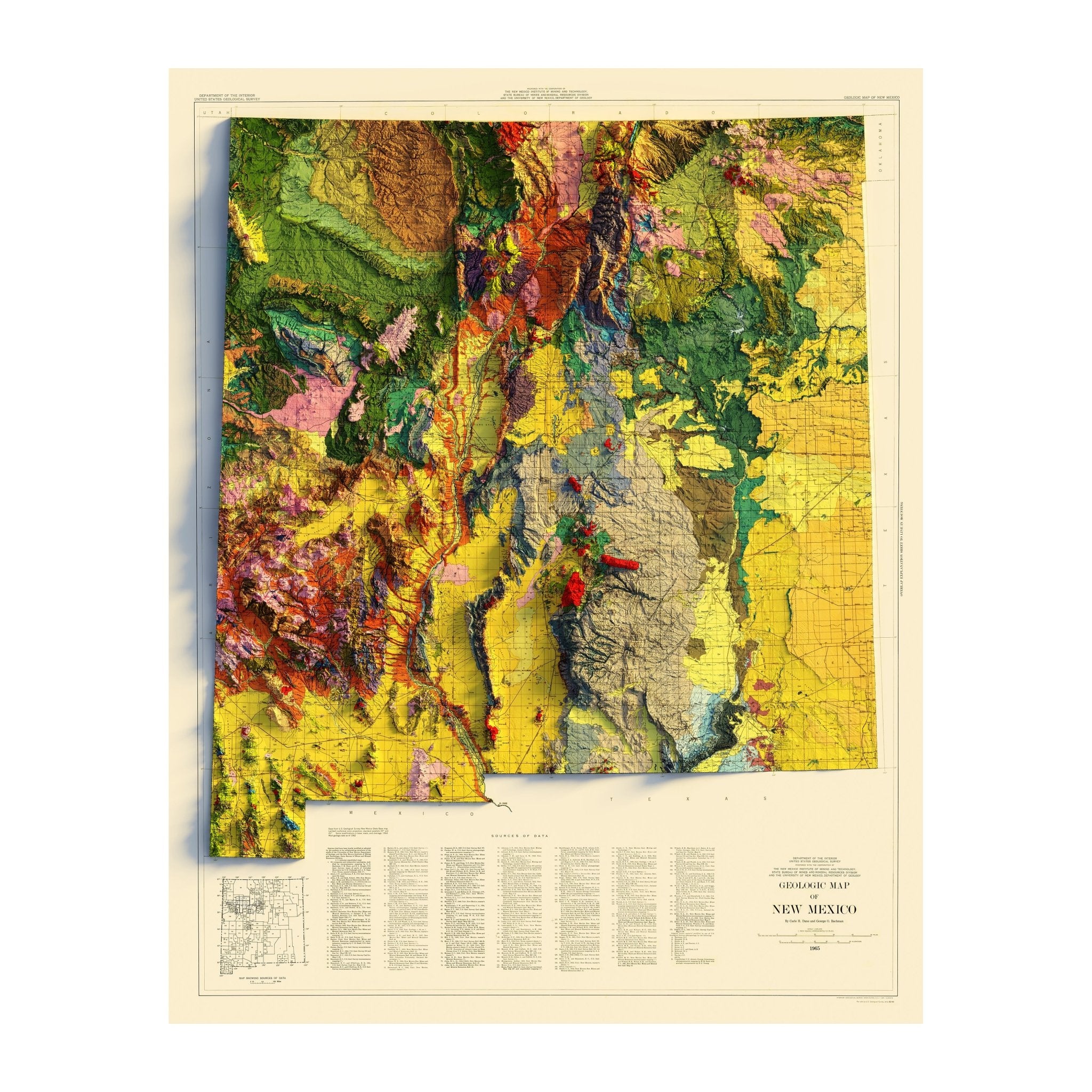 New Mexico 1965 Shaded Relief Map - Muir Way - Vintage Relief