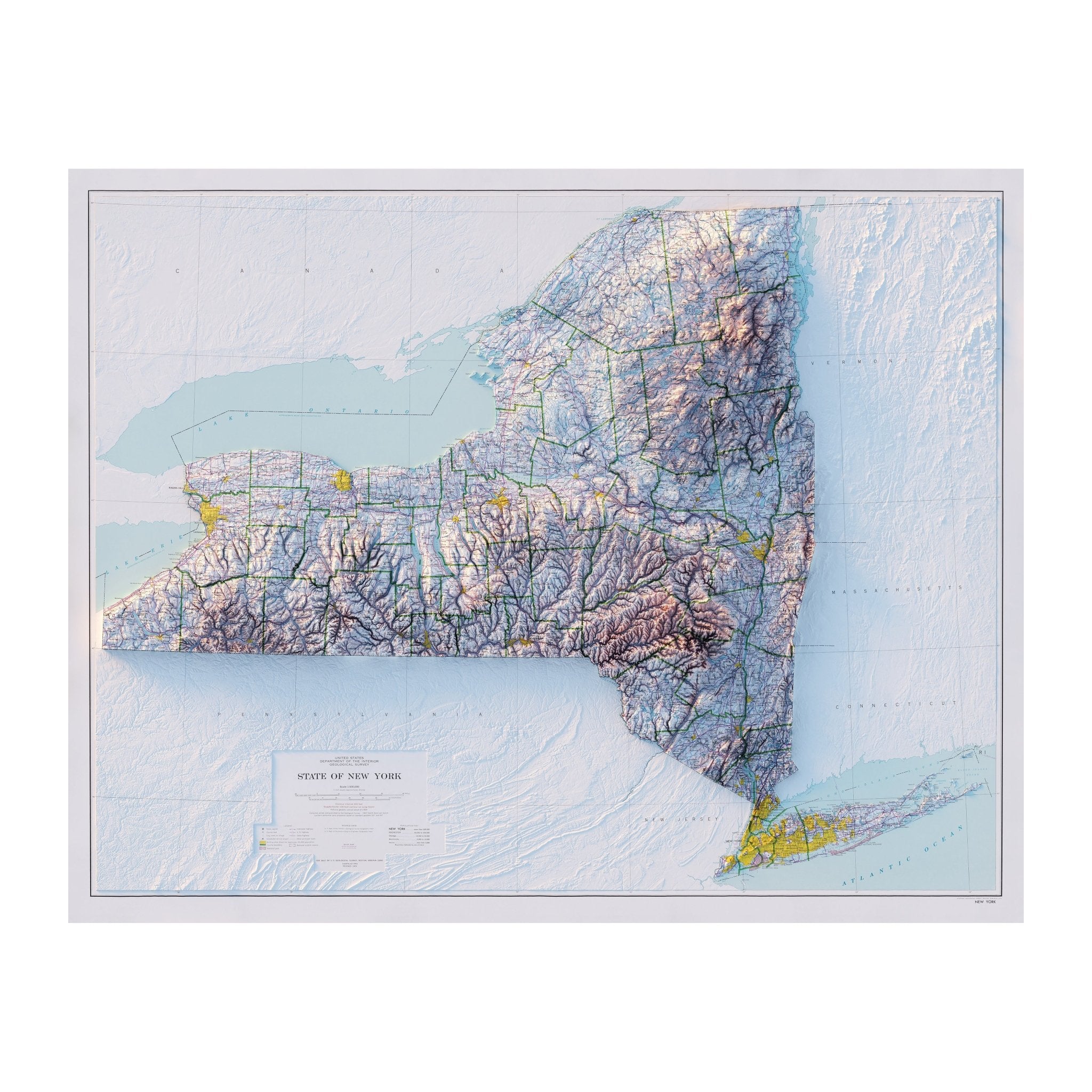New York 1974 Shaded Relief Map - Muir Way - Vintage Relief