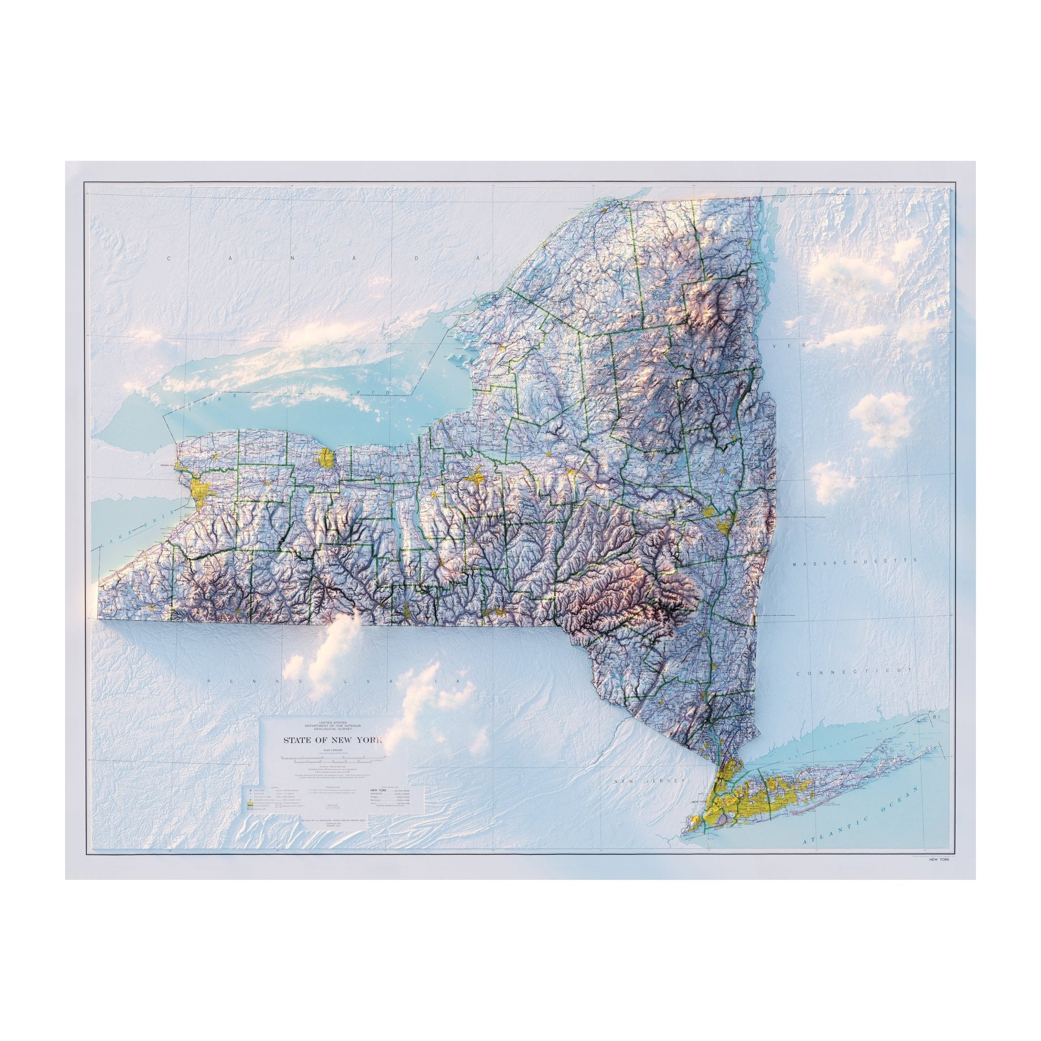 New York 1974 Shaded Relief Map - Muir Way - Vintage Relief
