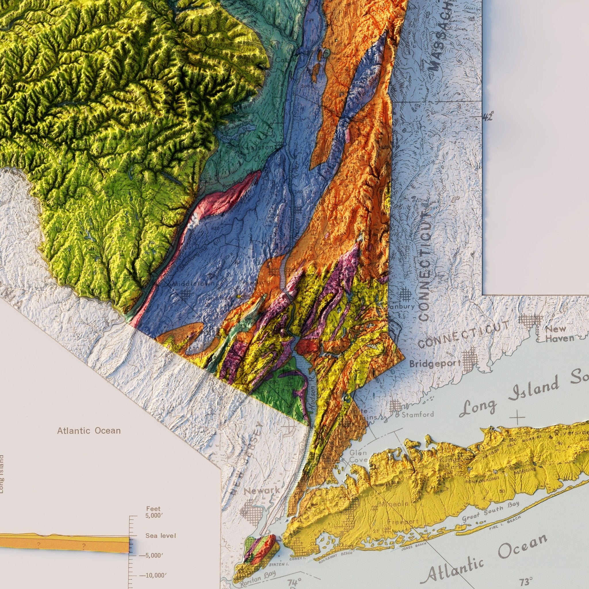 New York 1973 Shaded Relief Map - Muir Way - Vintage Relief
