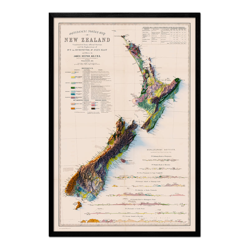 New Zealand 1873 Shaded Relief Map - Muir Way - Vintage Relief