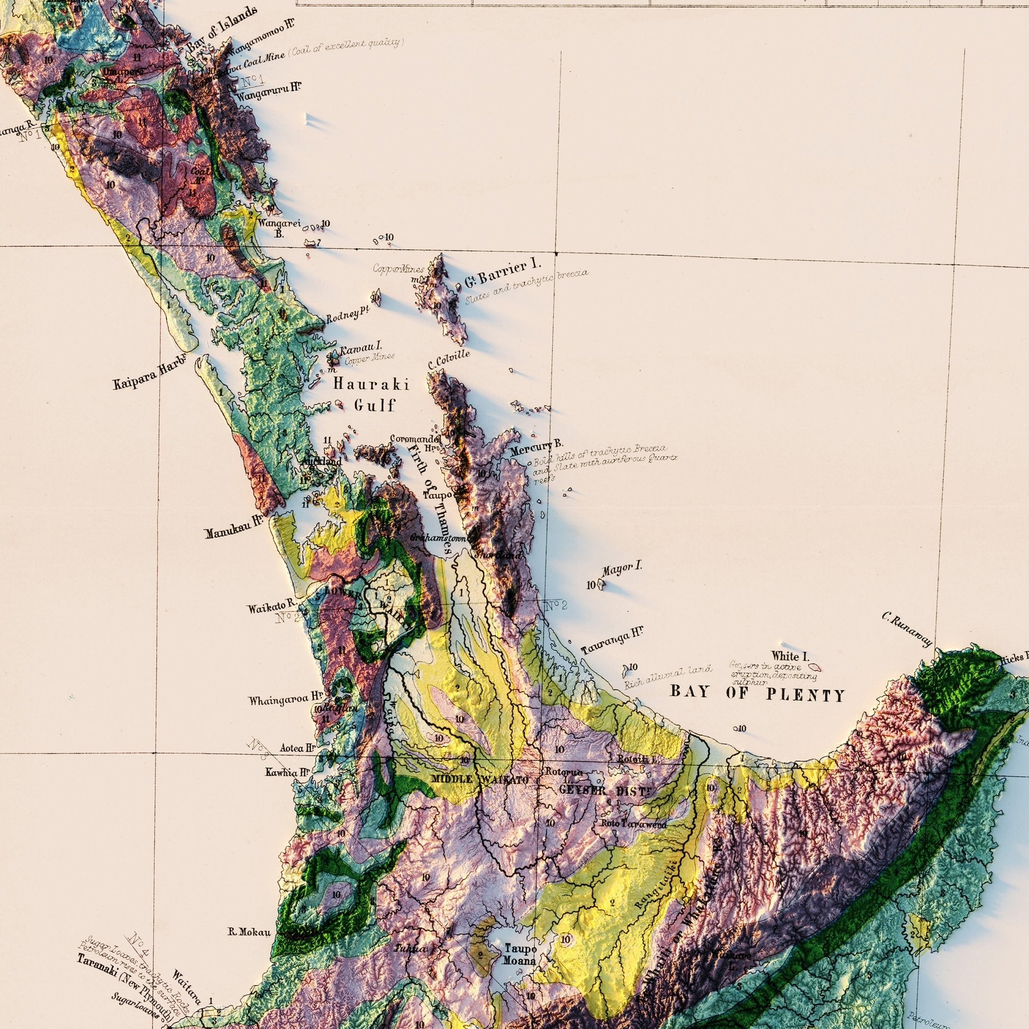 New Zealand 1873 Shaded Relief Map - Muir Way - Vintage Relief
