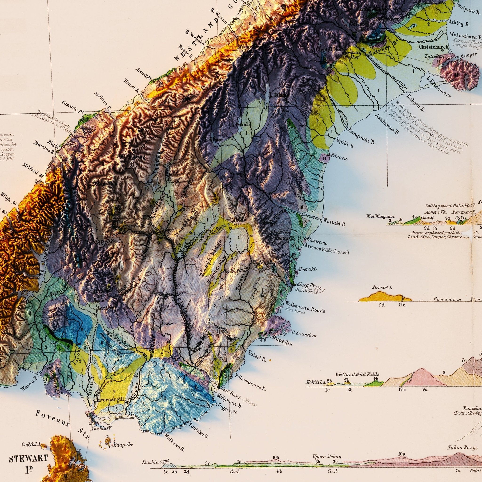 New Zealand 1873 Shaded Relief Map - Muir Way - Vintage Relief