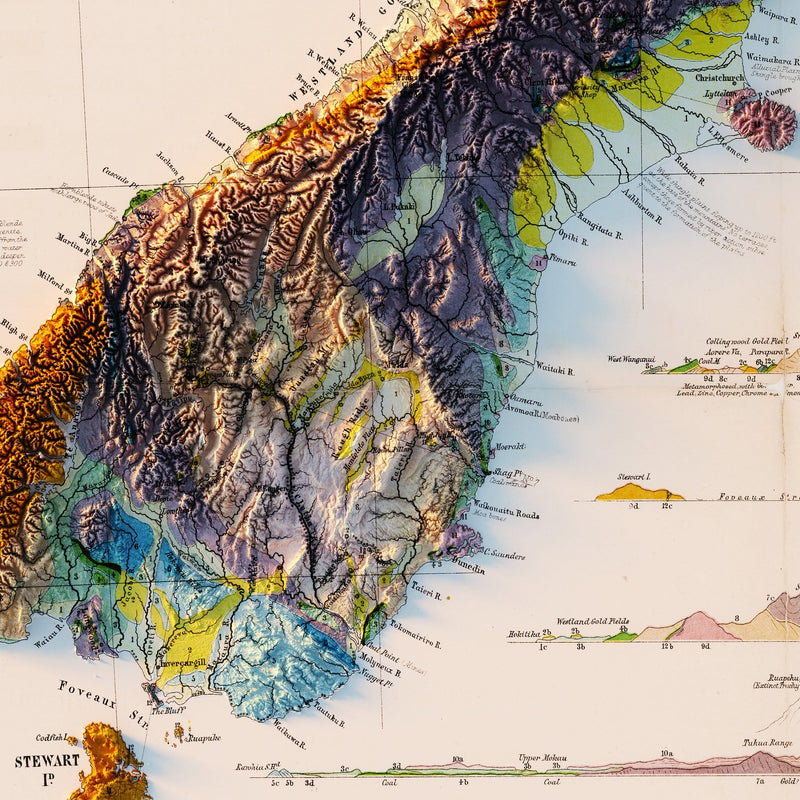 New Zealand 1873 Shaded Relief Map - Muir Way - Vintage Relief