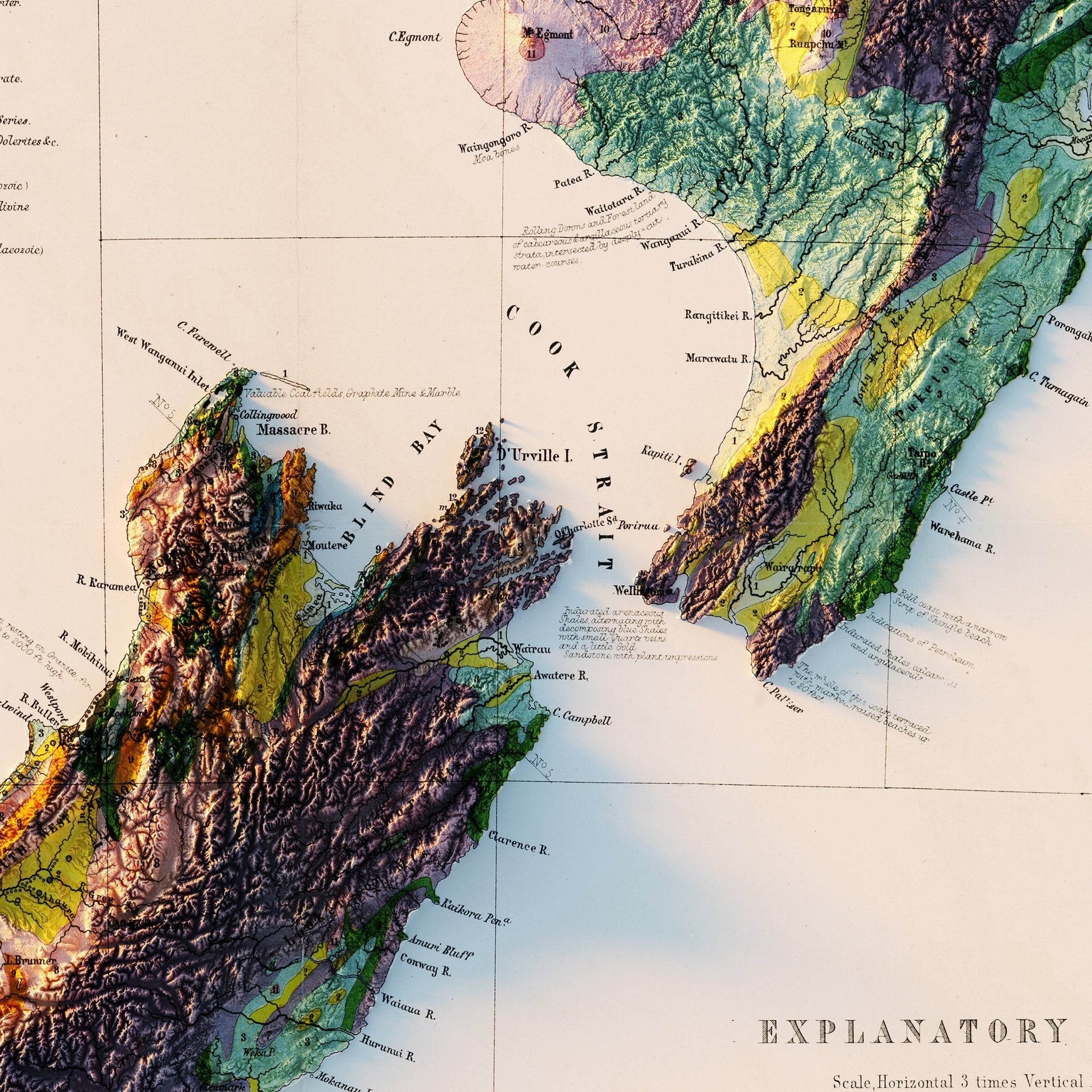New Zealand 1873 Shaded Relief Map - Muir Way - Vintage Relief