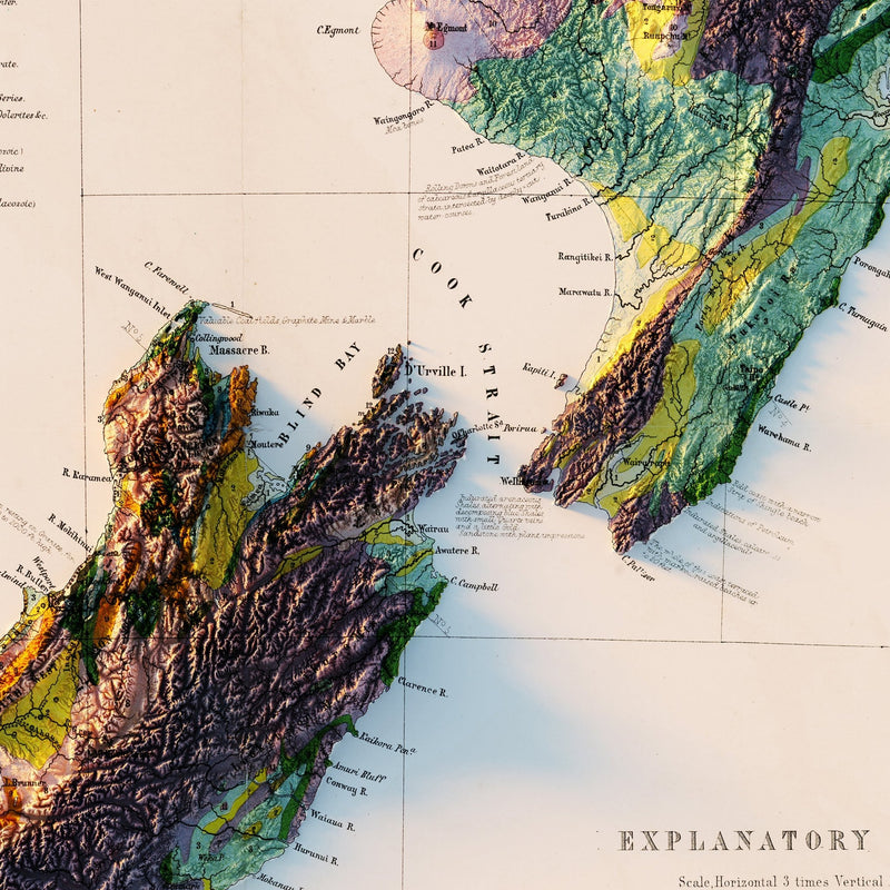 New Zealand 1873 Shaded Relief Map - Muir Way - Vintage Relief