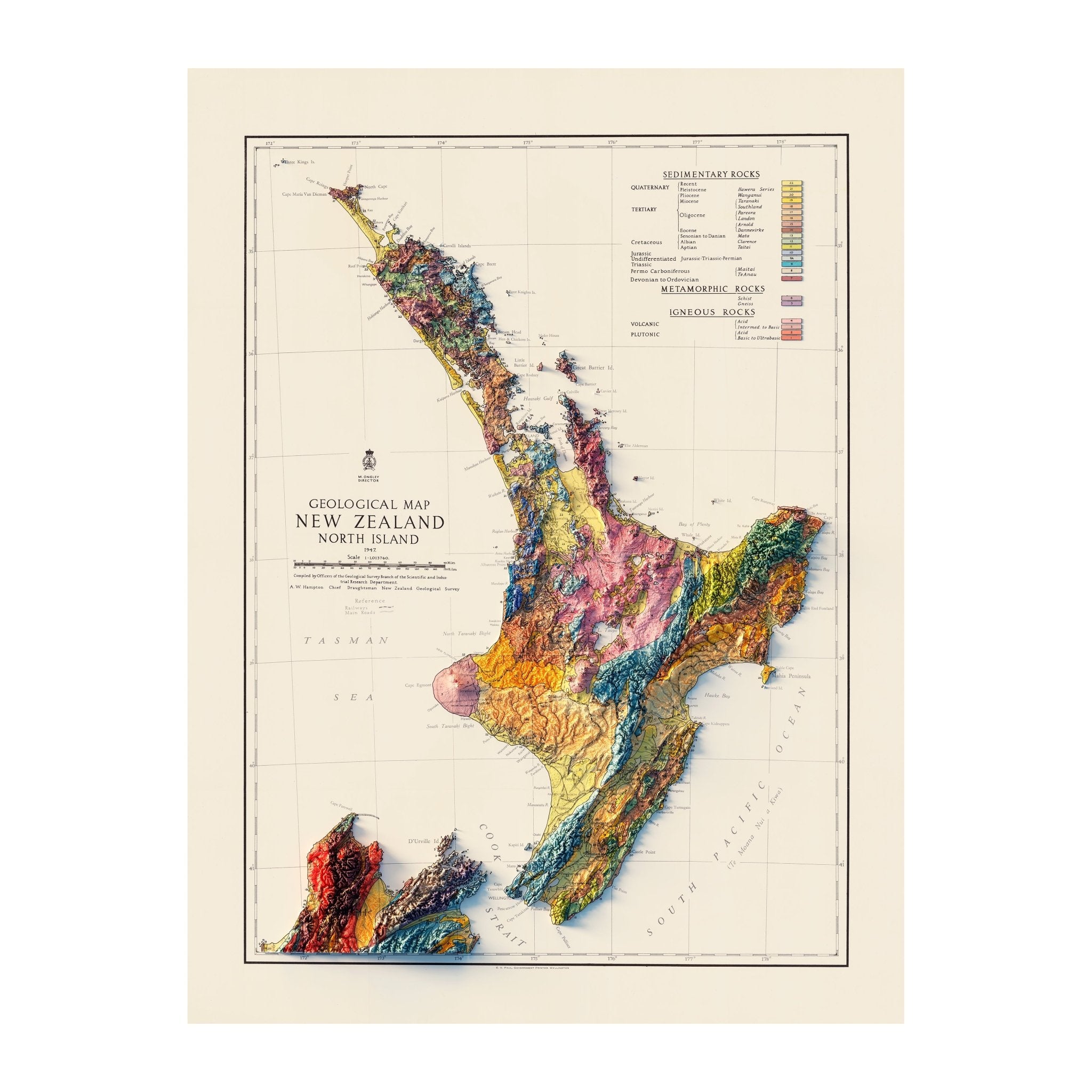 New Zealand, North Island 1947 Shaded Relief Map - Muir Way - Vintage Relief