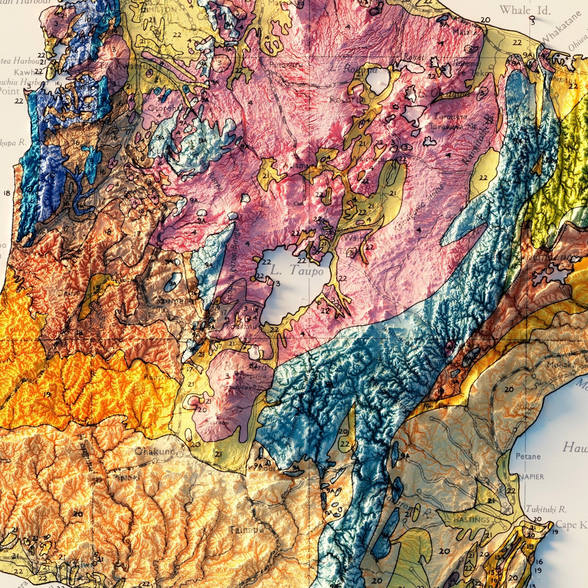 New Zealand, North Island 1947 Shaded Relief Map - Muir Way - Vintage Relief