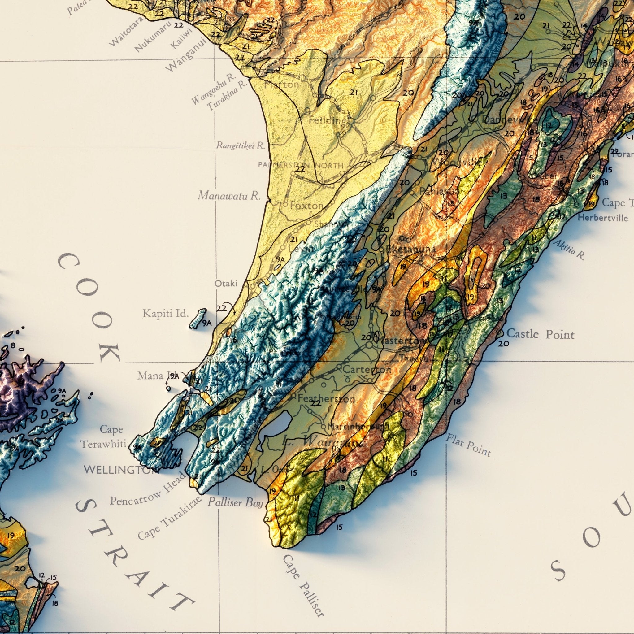 New Zealand, North Island 1947 Shaded Relief Map - Muir Way - Vintage Relief