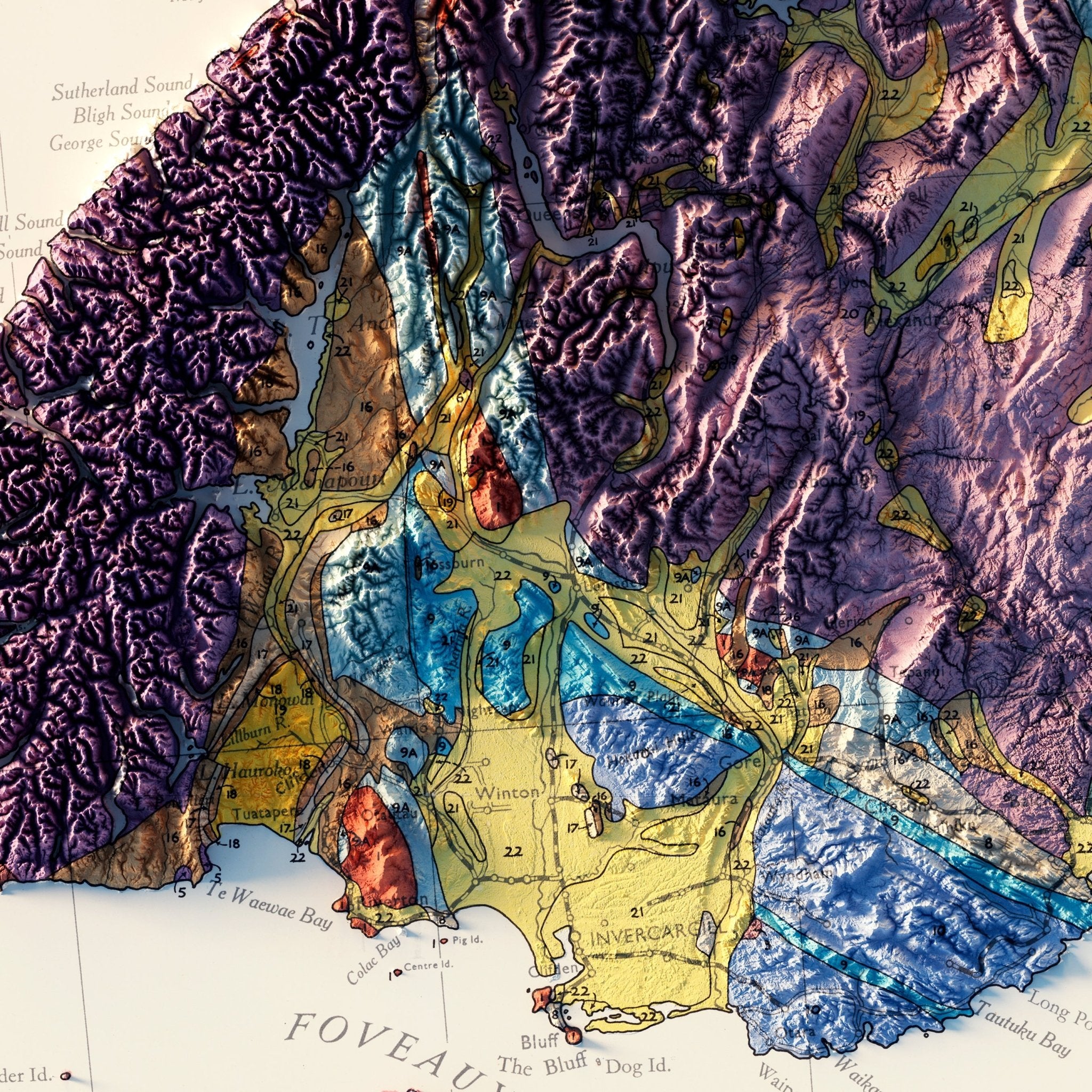 New Zealand, South Island 1947 Shaded Relief Map - Muir Way - Vintage Relief