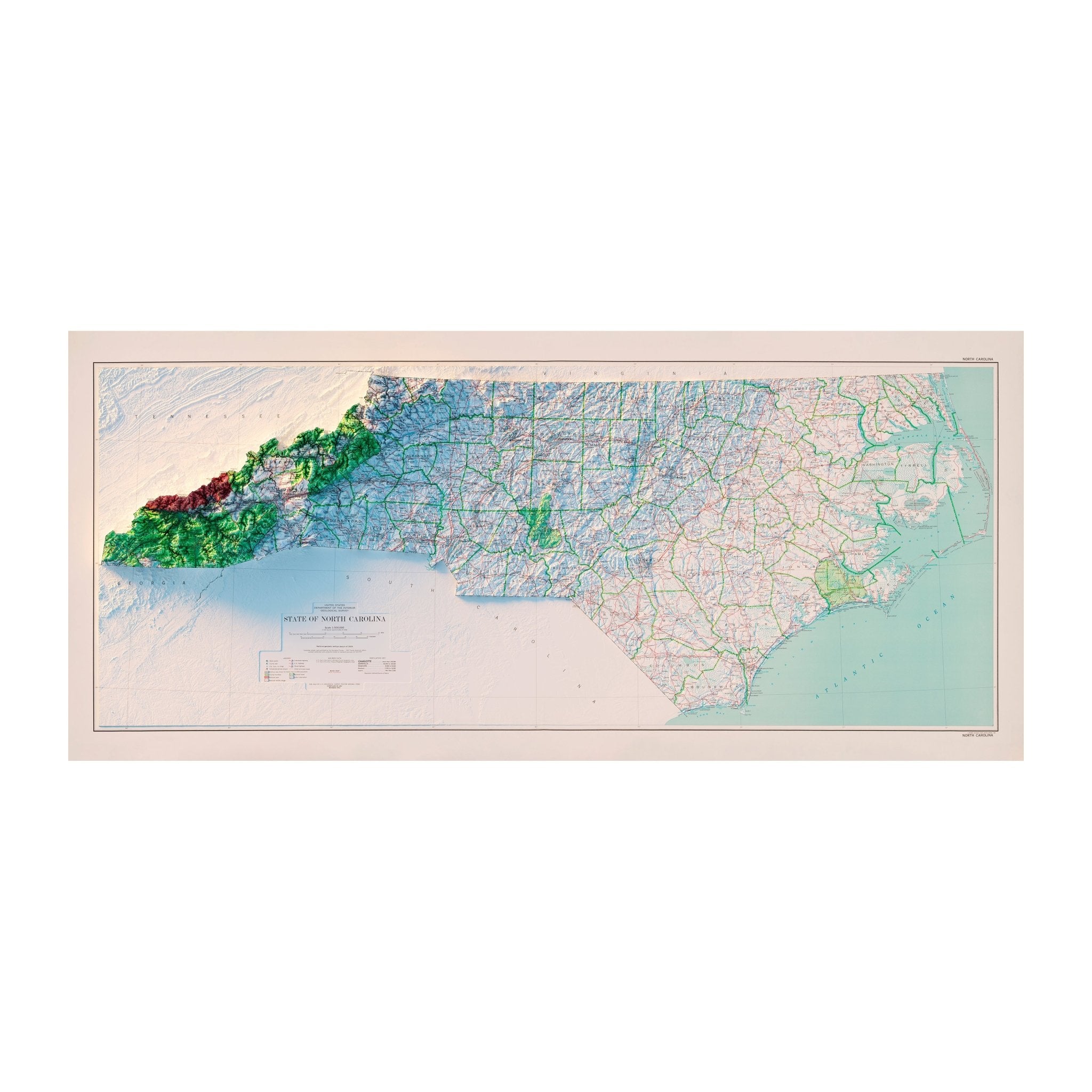 North Carolina 1972 Shaded Relief Map - Muir Way - Vintage Relief