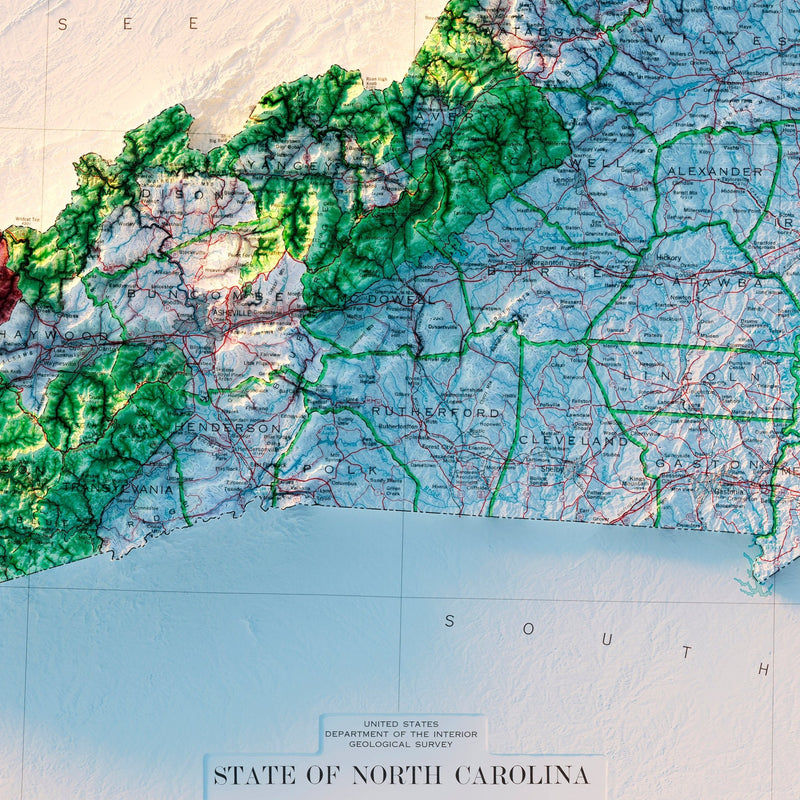 North Carolina 1972 Shaded Relief Map - Muir Way - Vintage Relief